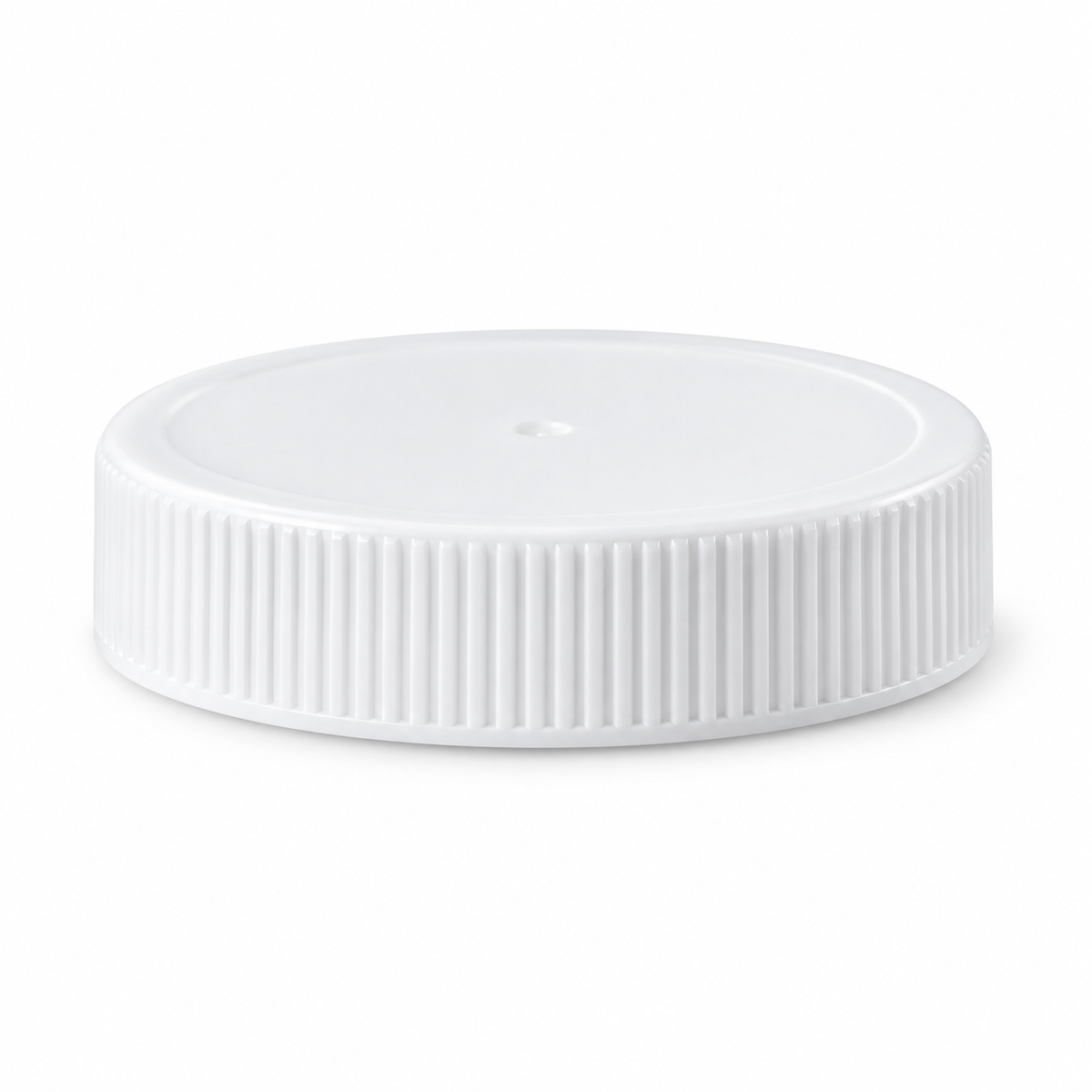 A white, round 38/400 White Ribbed Continuous Thread Unlined Lid-100 Count (Case) with vertical ribbing on the sides.