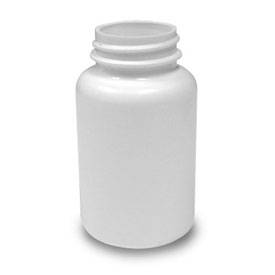 The 225 cc Round Packer Bottle (B45PS225BH) is a plain, white plastic bottle with a screw-top neck. Unlabelled and ideal for pills or supplements, it stands upright against a white background. Sold in cases of 405.