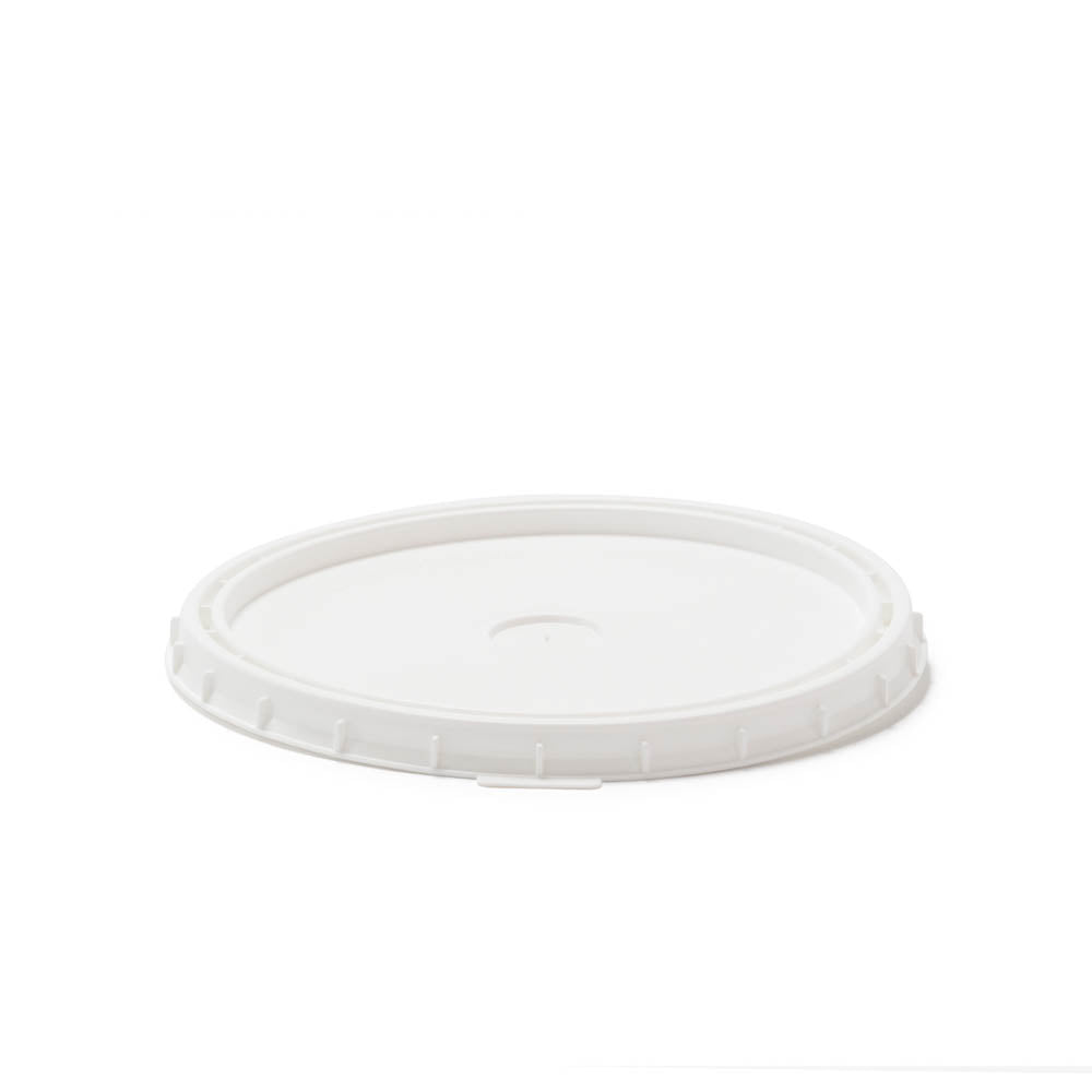 The 1 Gallon BPA-Free Food-Grade Pry-Off Lid (L702) is white, round, and plastic with a flat profile, slightly raised rim, and edge tabs for secure fitting. Shown against a plain white background. Sold as a case of 160.