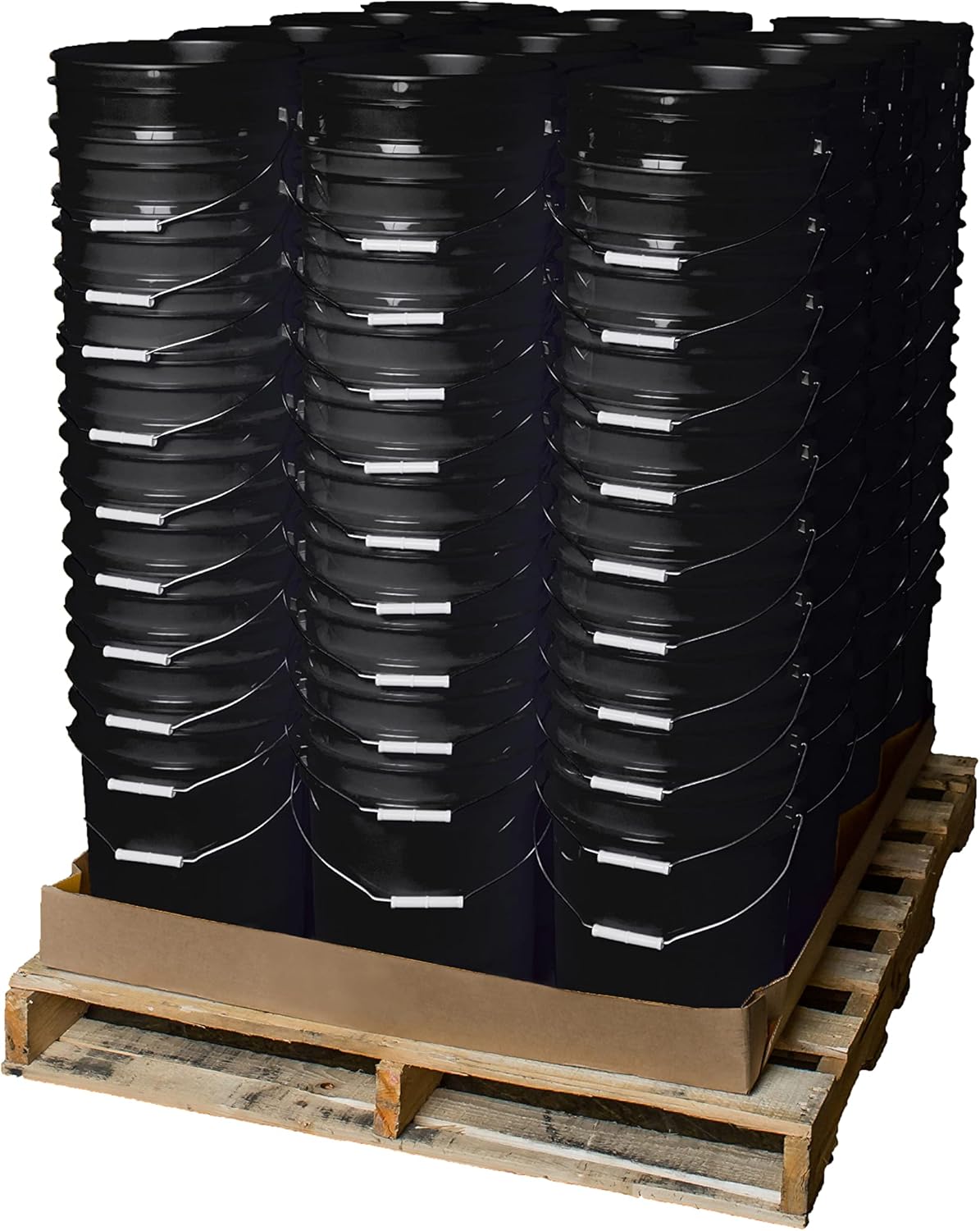 A pallet holds 120 5 Gallon 90 Mil BPA-Free Food-Grade Buckets (T40MW), each black with a metal handle, neatly stacked and ready for storage or transport.
