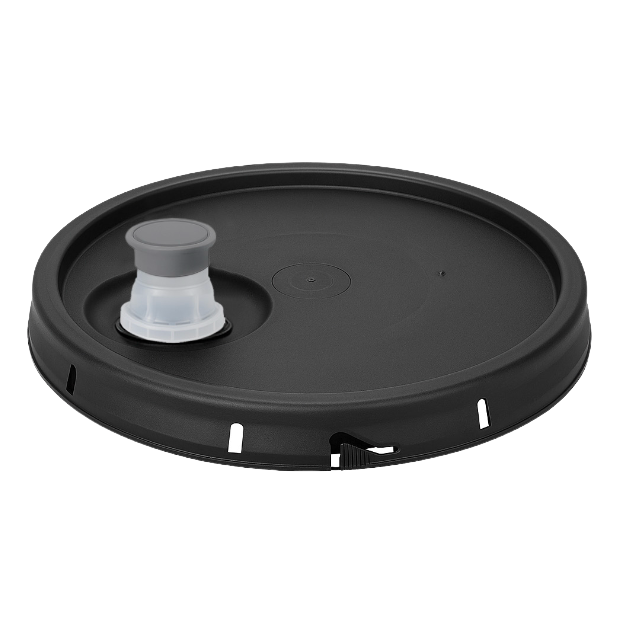 A BPA-Free food-grade black plastic lid (L40GTSRS) for 3.5, 5, and 7 gallon buckets, with a raised pour spout, screw cap, and locking notches around the edge; 1 count.