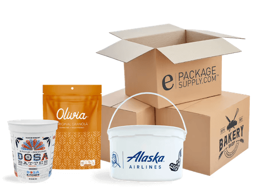 A group of packaging products includes cardboard boxes, a resealable orange pouch labeled Oliva, a Dosa batter container, and a white Alaska Airlines bucket, arranged against a plain background.