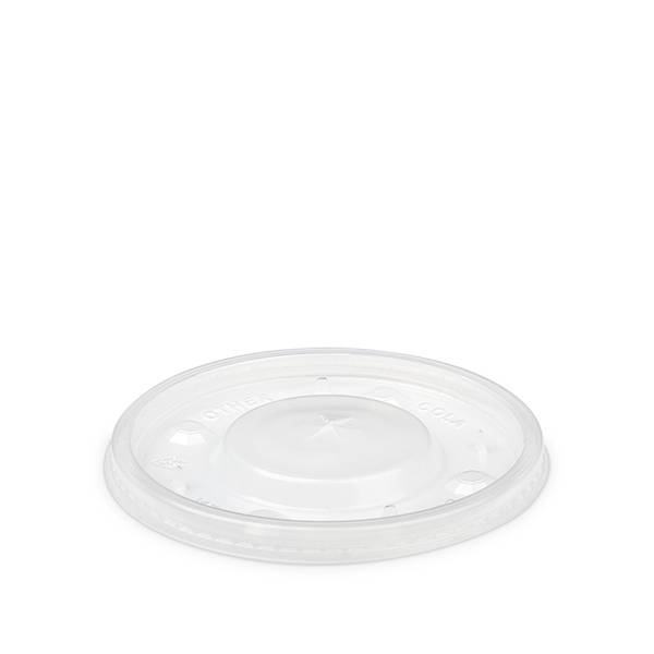 The Clear Disposable Flat Lid - Straw Slot (DLT402SRCP), sold in a case of 1770, is a clear plastic drink cup lid with a raised center, shown lying flat on a white background.