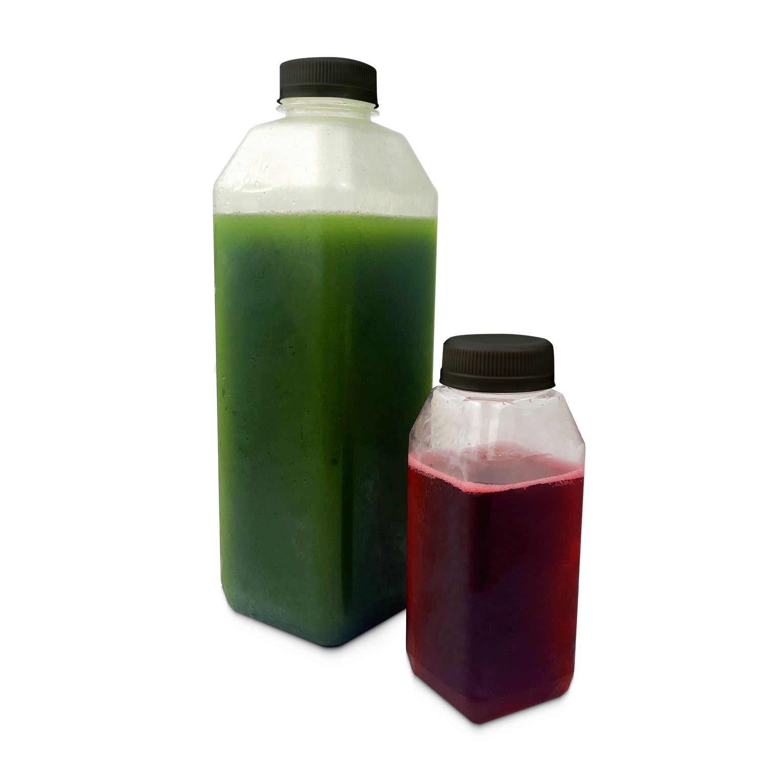 Two clear bottles with 38mm HDPE tamper evident screw caps (black), one large with green liquid and one small with red liquid, are placed side by side on a white background. Sold as a case of 100 caps.