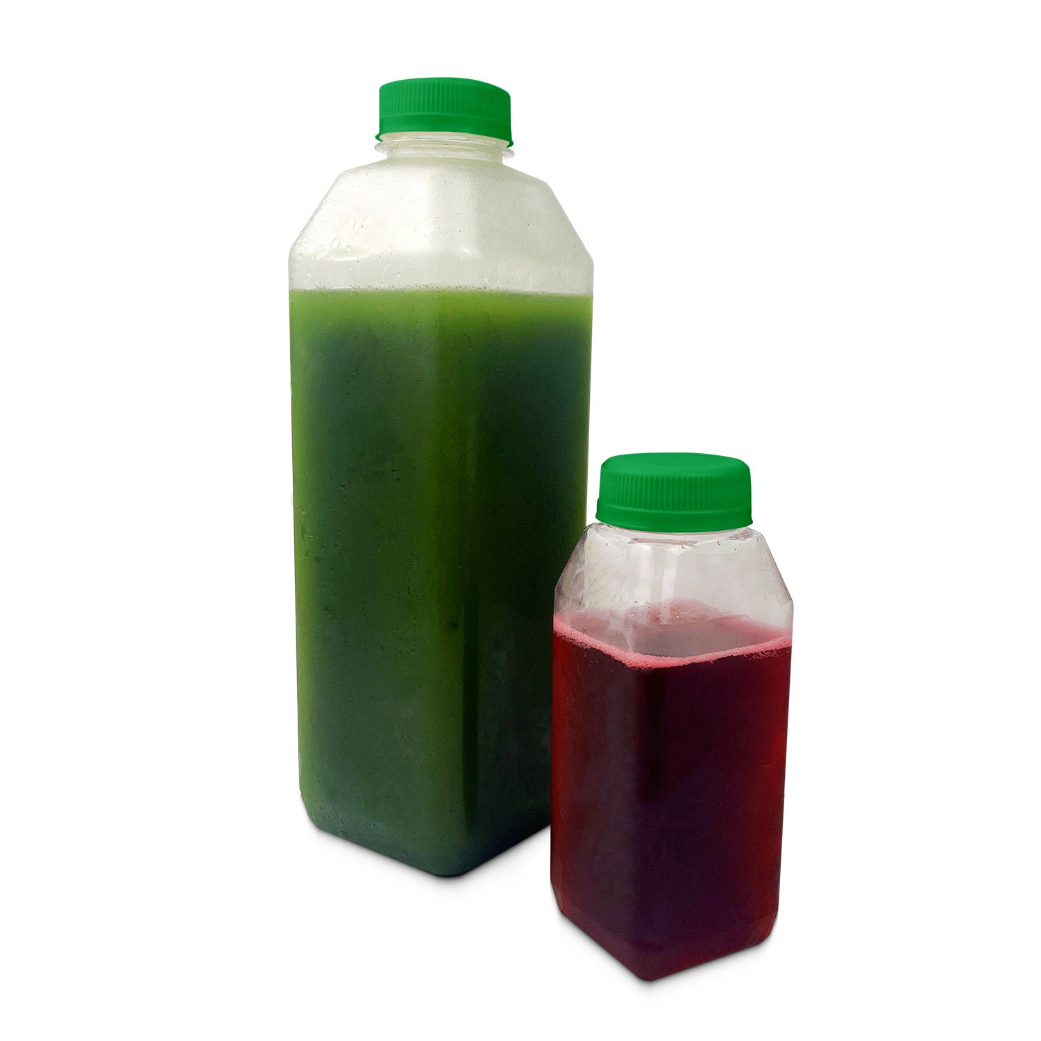 Two bottles with 38mm HDPE tamper evident screw caps—one large bottle of green juice, one smaller bottle of red juice—are displayed on a white background. Caps come in a case of 100.