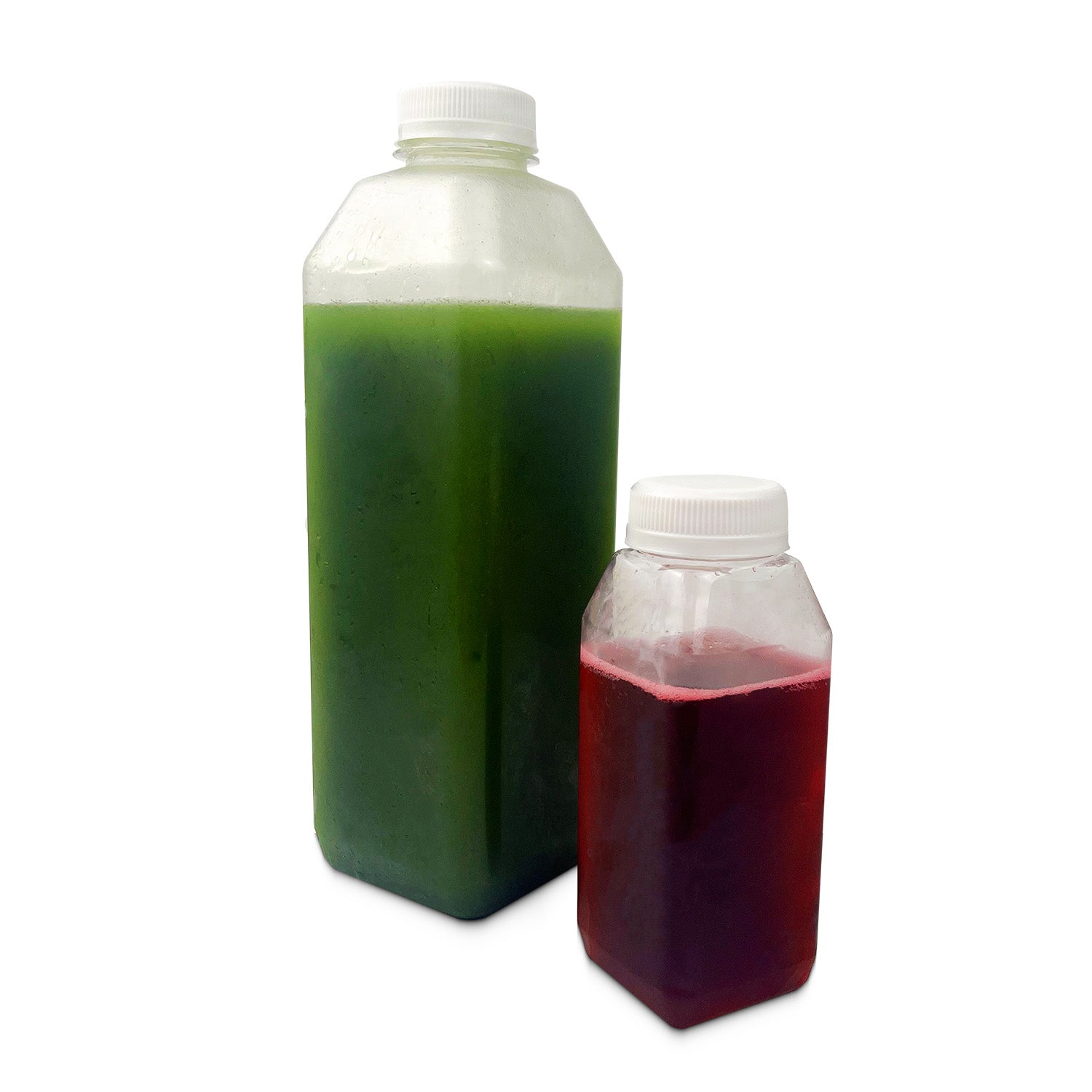 A case of 100 white 38mm HDPE tamper evident screw caps is shown on two clear plastic bottles—one large with green liquid, one small with red liquid—against a white background.
