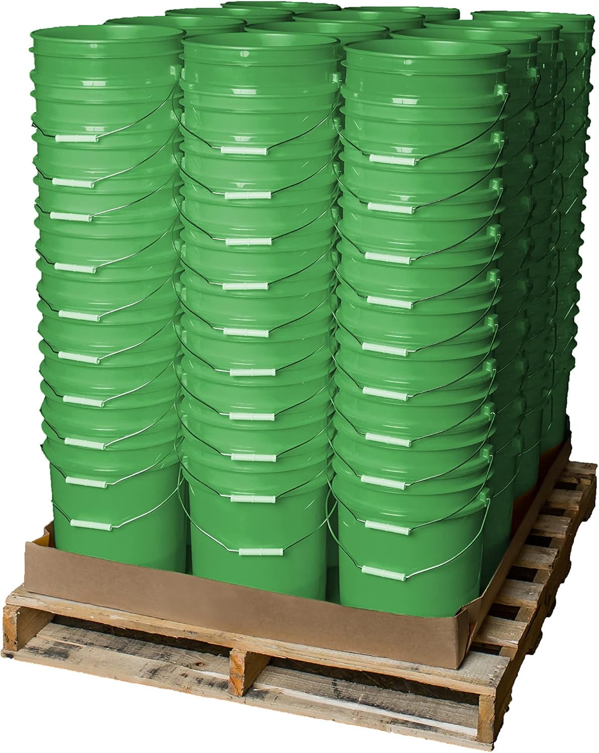A pallet of 120 stacked 5 Gallon 90 Mil BPA-Free Food-Grade Buckets (T40MW), green with metal handles, neatly arranged in columns on a wooden pallet, secured with cardboard edging at the base.