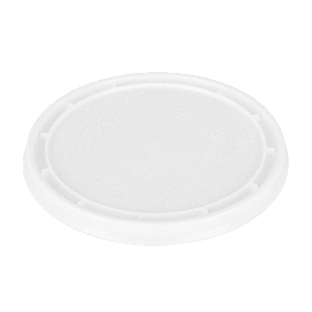 The BPA-Free Food-Grade Pry-Off Lids (L311PR) are plain, round, white plastic lids with a textured rim and slightly raised center, featuring faint embossed text. Designed to fit securely on containers. Sold in a case of 1500.