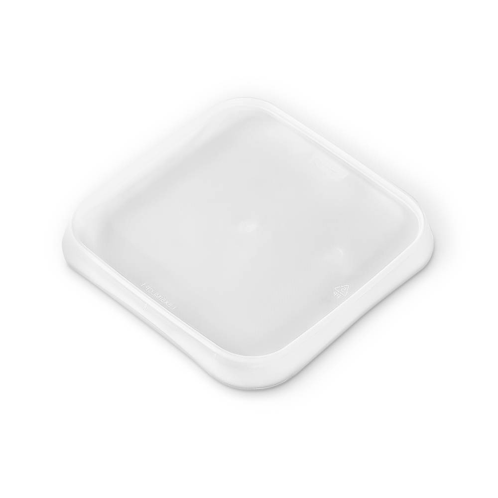A BPA-Free Food-Grade SelecTE Tamper-Evident Square Lid (L5X5IMLCP), white plastic with rounded corners, is shown angled against a plain white background. Sold in cases of 828.