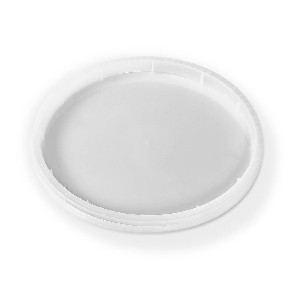 A BPA-Free Food-Grade Round Lid (L607) from a case of 200, shown from above on a white background. The white plastic lid features a smooth surface, slightly raised edge, and small notches.