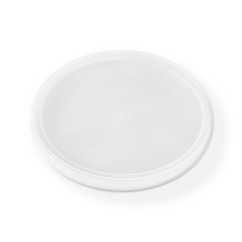 A BPA-Free Food-Grade Long Skirt Lid (L610L) is shown against a white background. The round, white plastic lid has a smooth surface and raised edge. Sold in cases of 450.