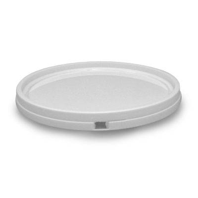 A plain, round, white BPA-Free Food-Grade Pry-Off Tear-Strip Lid (L705PRTS) with a small rectangular tab on one side is shown against a white background. Available in a case of 280.