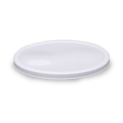 The L801 BPA Free Food Grade Round Lid is shown against a white background. Made of white plastic, it features a flat design with slightly raised edges and is ideal for sealing containers. Sold in cases of 100-150 lids.