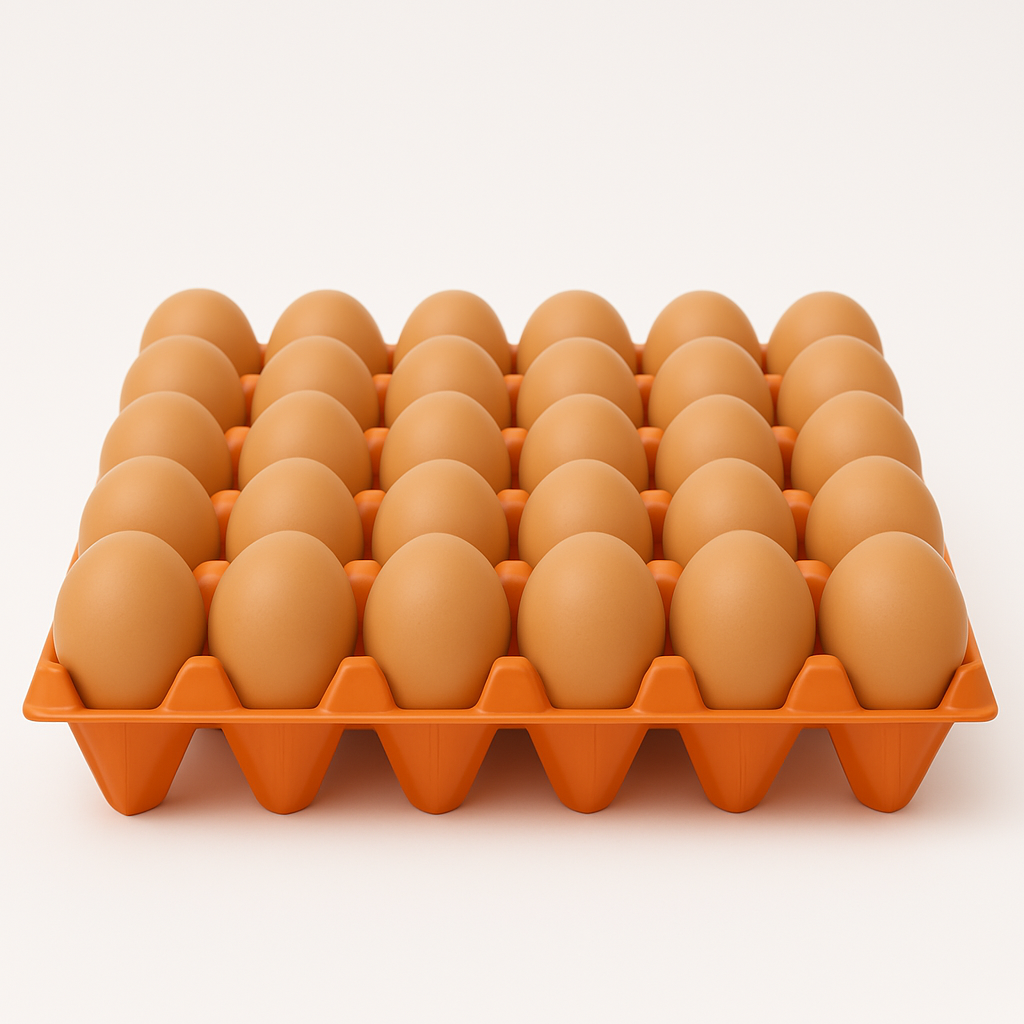 An orange Plastic Stackable Egg Crate holds 30 brown eggs in a 5x6 layout, shown against a plain white background.