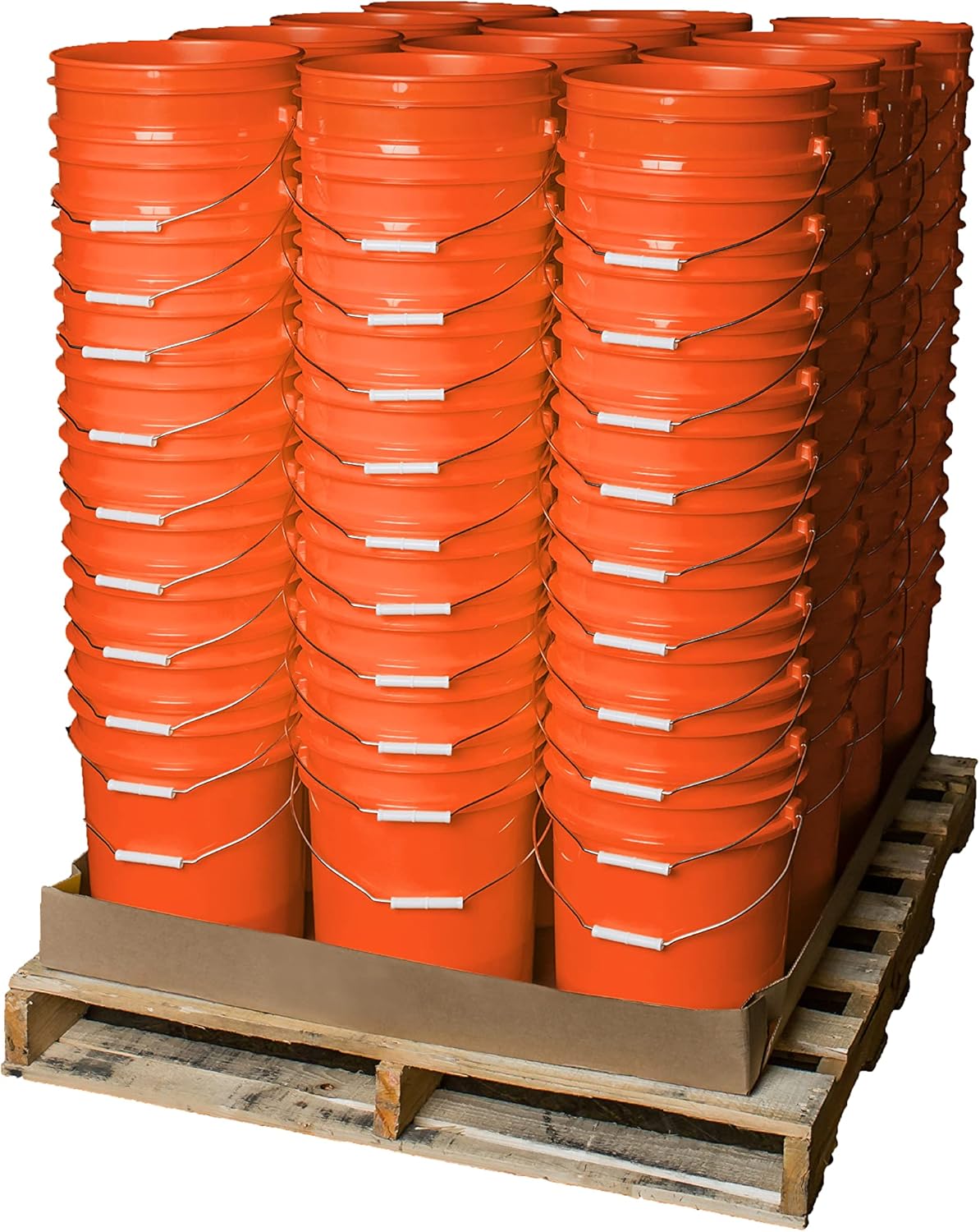 A pallet of 120 5 Gallon 90 Mil BPA-Free Food-Grade Buckets (T40MW), each orange with a metal handle, neatly stacked in multiple columns for shipping or storage.