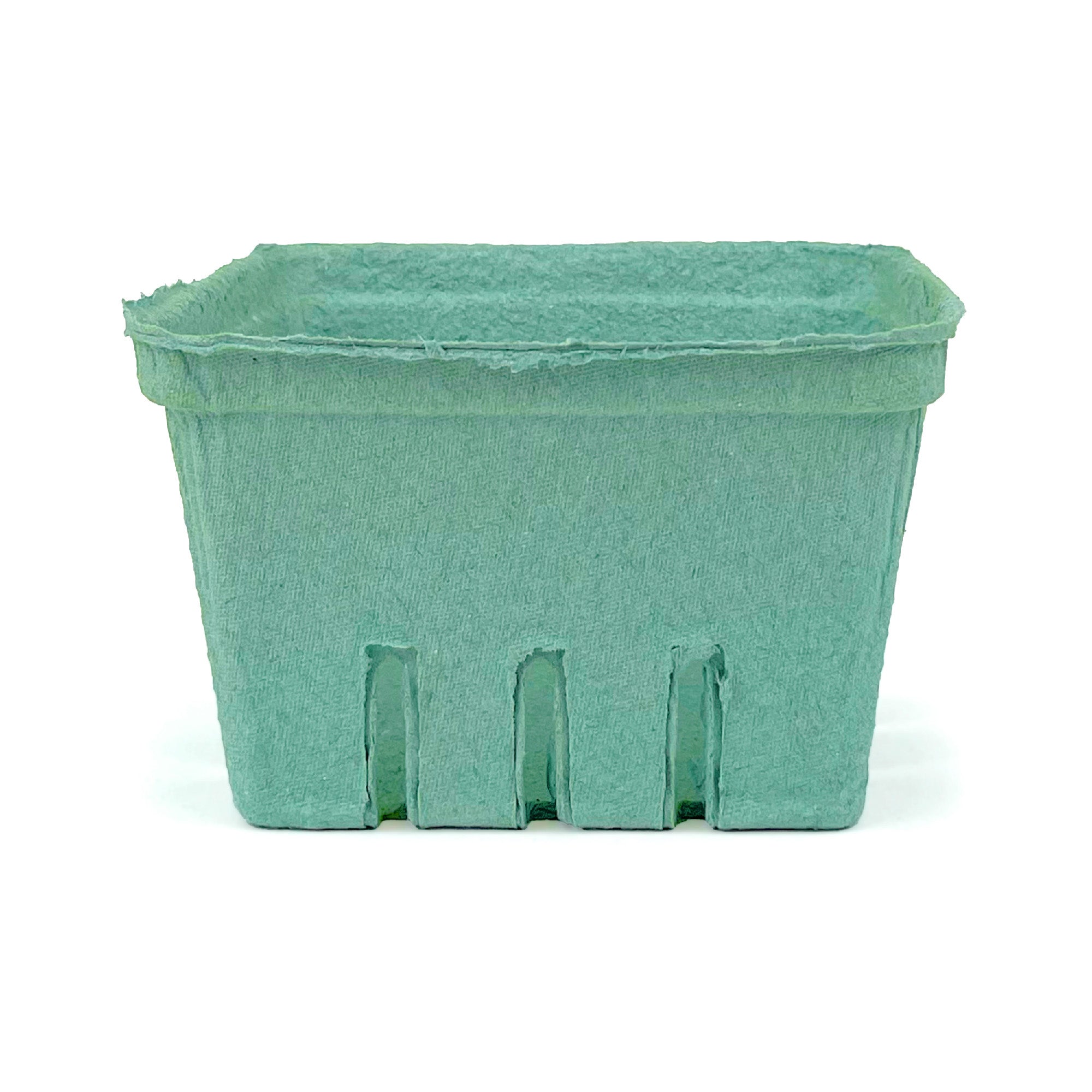 A 1 Quart (32 oz.) green molded pulp berry/produce basket with slotted sides, square shape, and empty design, shown on a white background. Sold as a case of 250.