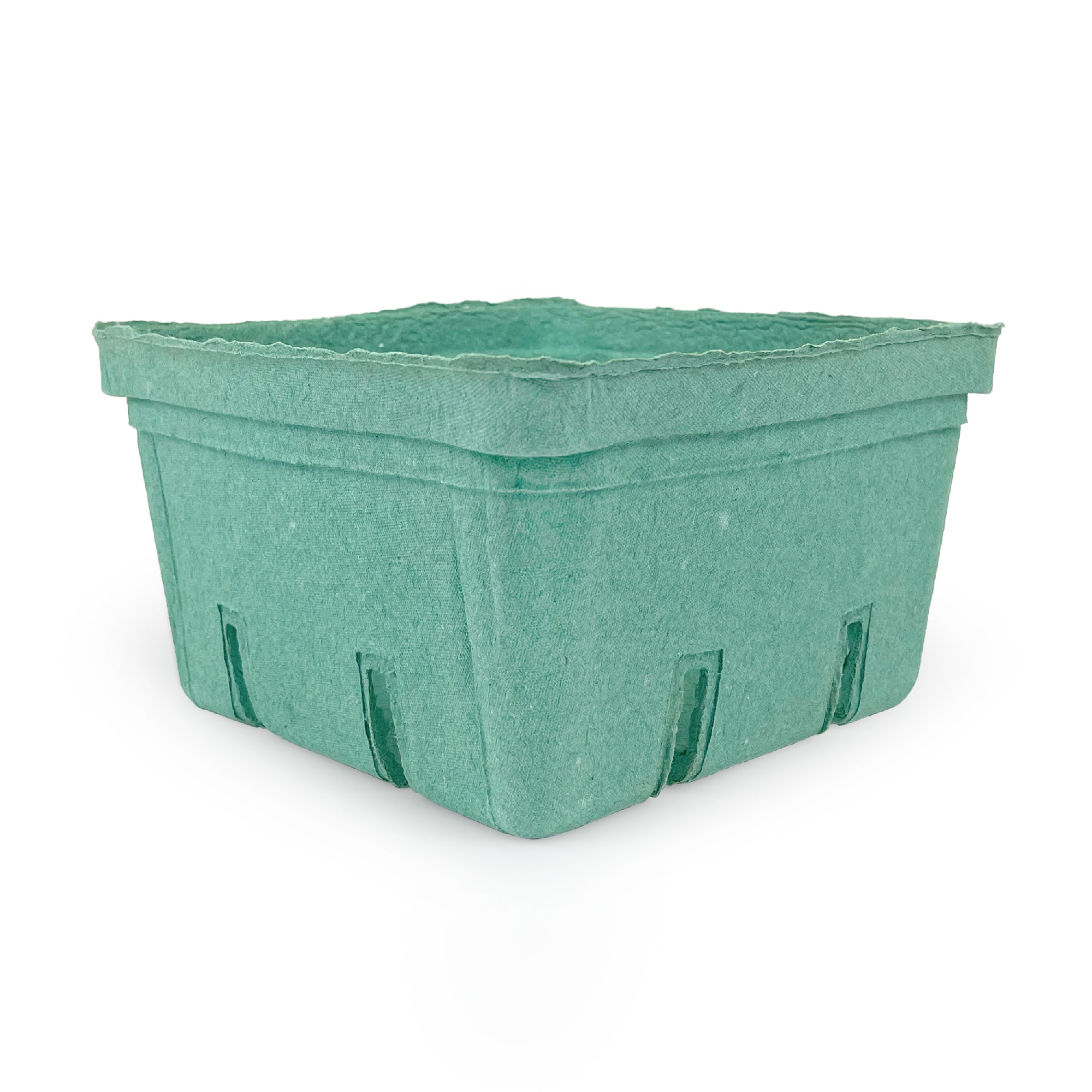 The 2.5 Quart (80 oz.) Green Molded Pulp Berry/Produce Basket has a square shape with slotted sides, ideal for holding fruit or produce. Sold in a case of 200.