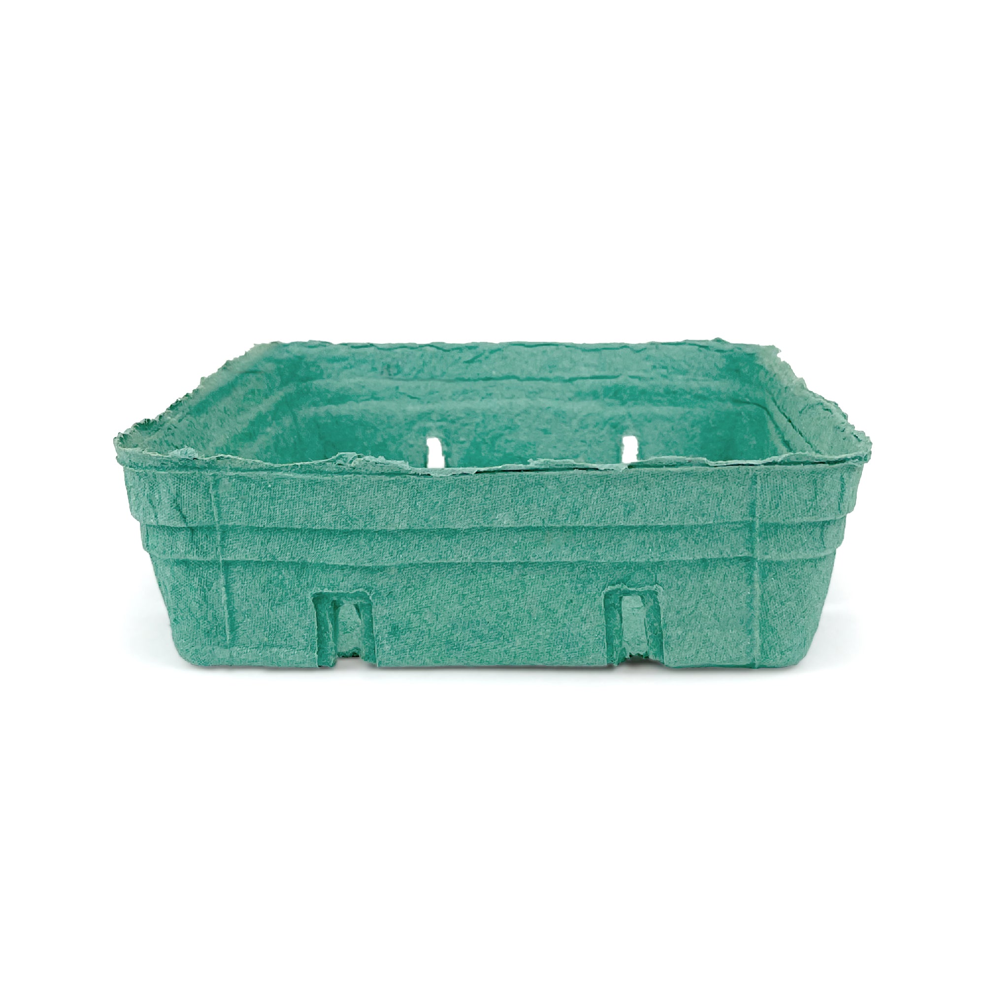 The 2 Quart (64 oz.) Green Molded Pulp Berry/Produce Basket is a small, rectangular, textured basket ideal for holding berries or produce. Sold in a case of 200.