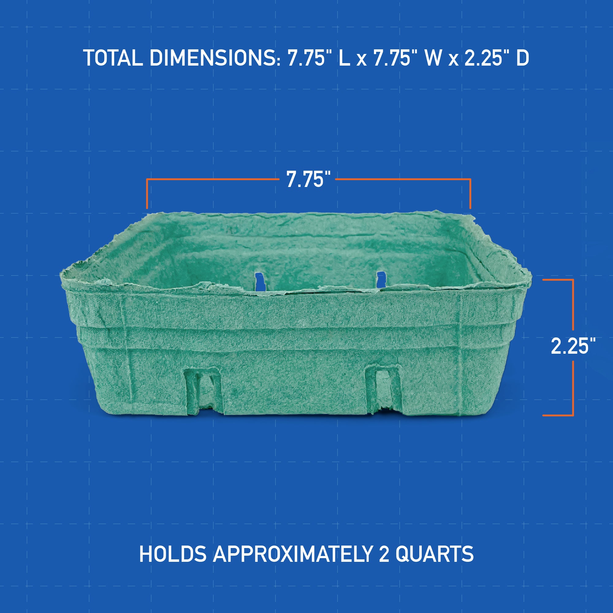 A 2 Quart (64 oz.) green molded pulp berry/produce basket, measuring 7.75" x 7.75" x 2.25", shown on a blue grid background; sold as a case of 200.