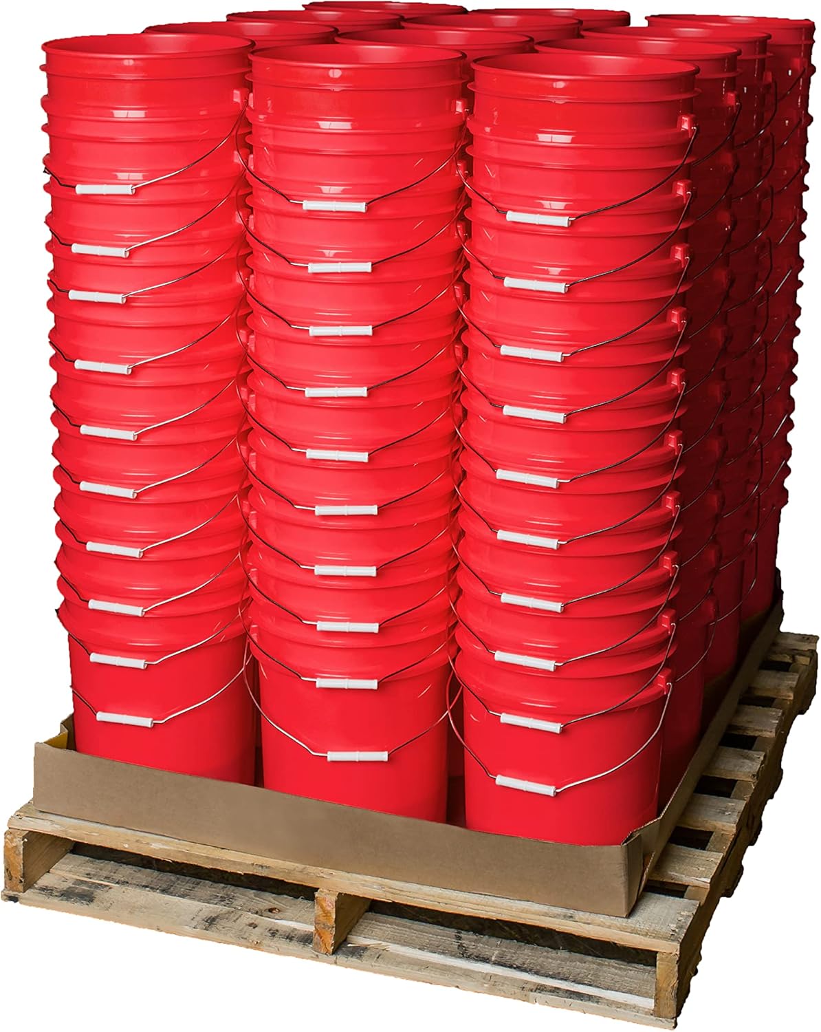 A pallet neatly holds 120 bright red 5 Gallon 90 Mil BPA-Free Food-Grade Buckets (T40MW), each with a metal handle, stacked and ready for use.