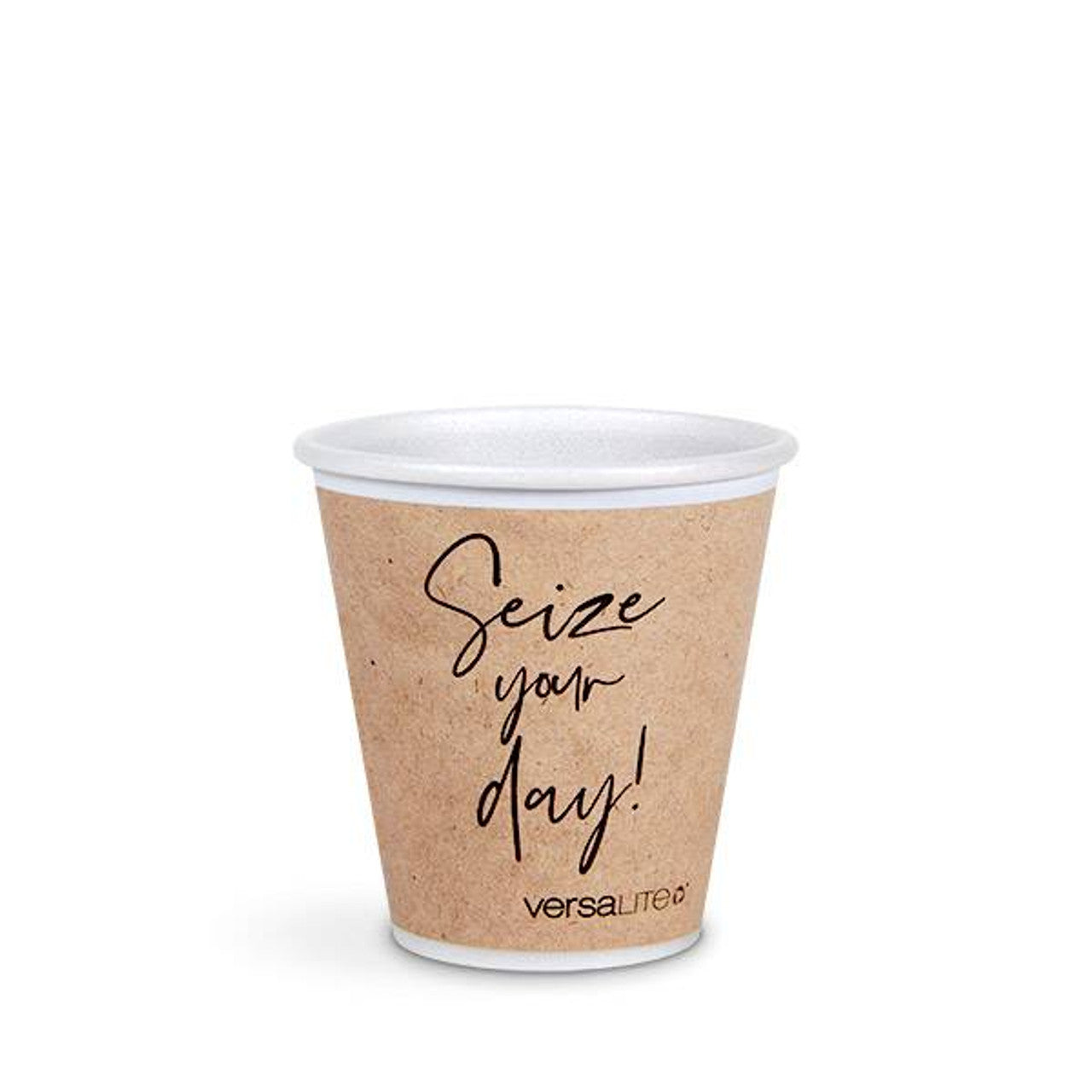 A Versalite Polypropylene (PP) Cafe Collection cup for hot or cold drinks, featuring a brown sleeve with "Seize your day!" in black script, shown on a plain white background. Available in cases of 640-900 cups.