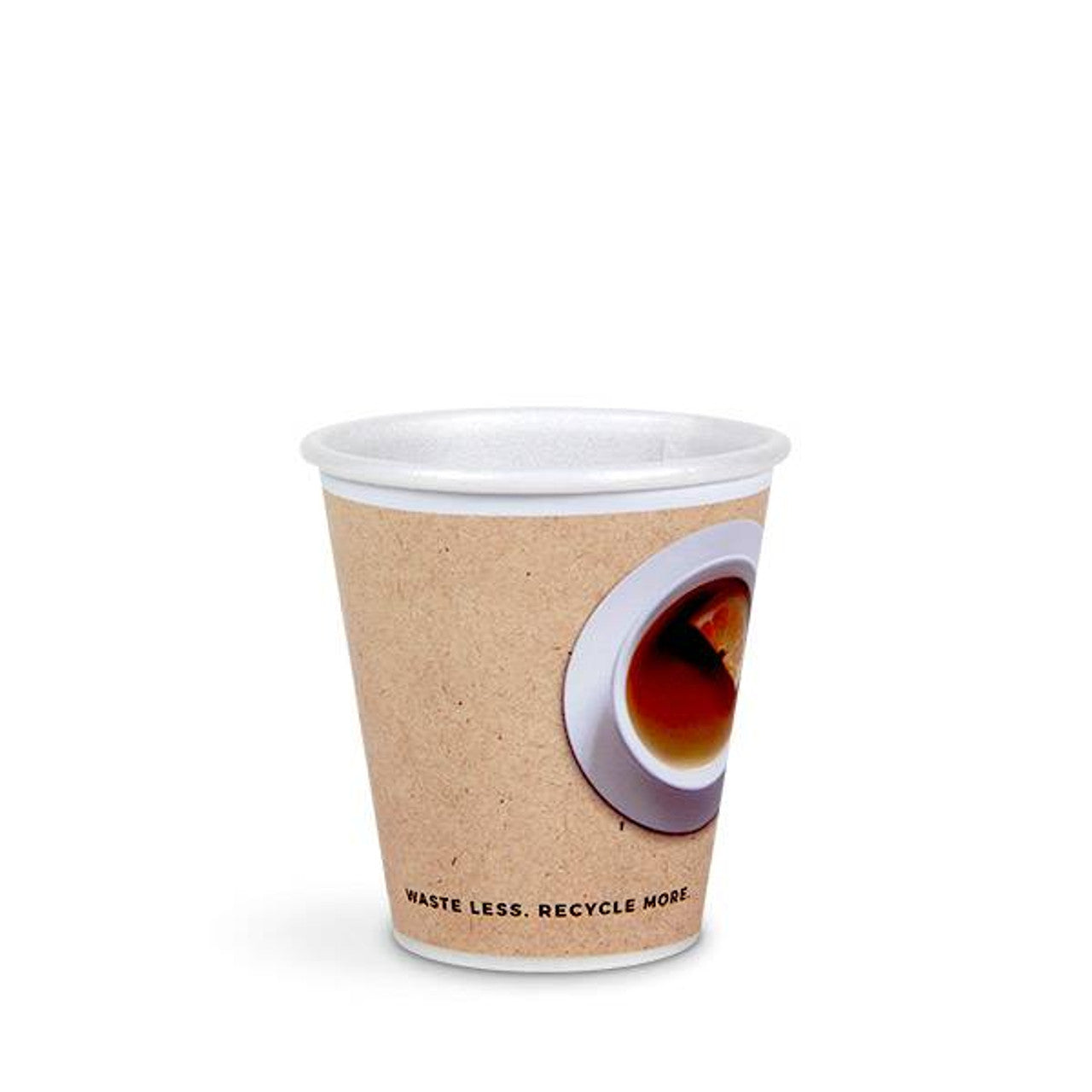 A Versalite Polypropylene (PP) Cafe Collection Cup for hot/cold drinks, with a brown sleeve and "WASTE LESS. RECYCLE MORE." printed near the bottom, is shown against a plain white background. Case size: 640–900 cups.