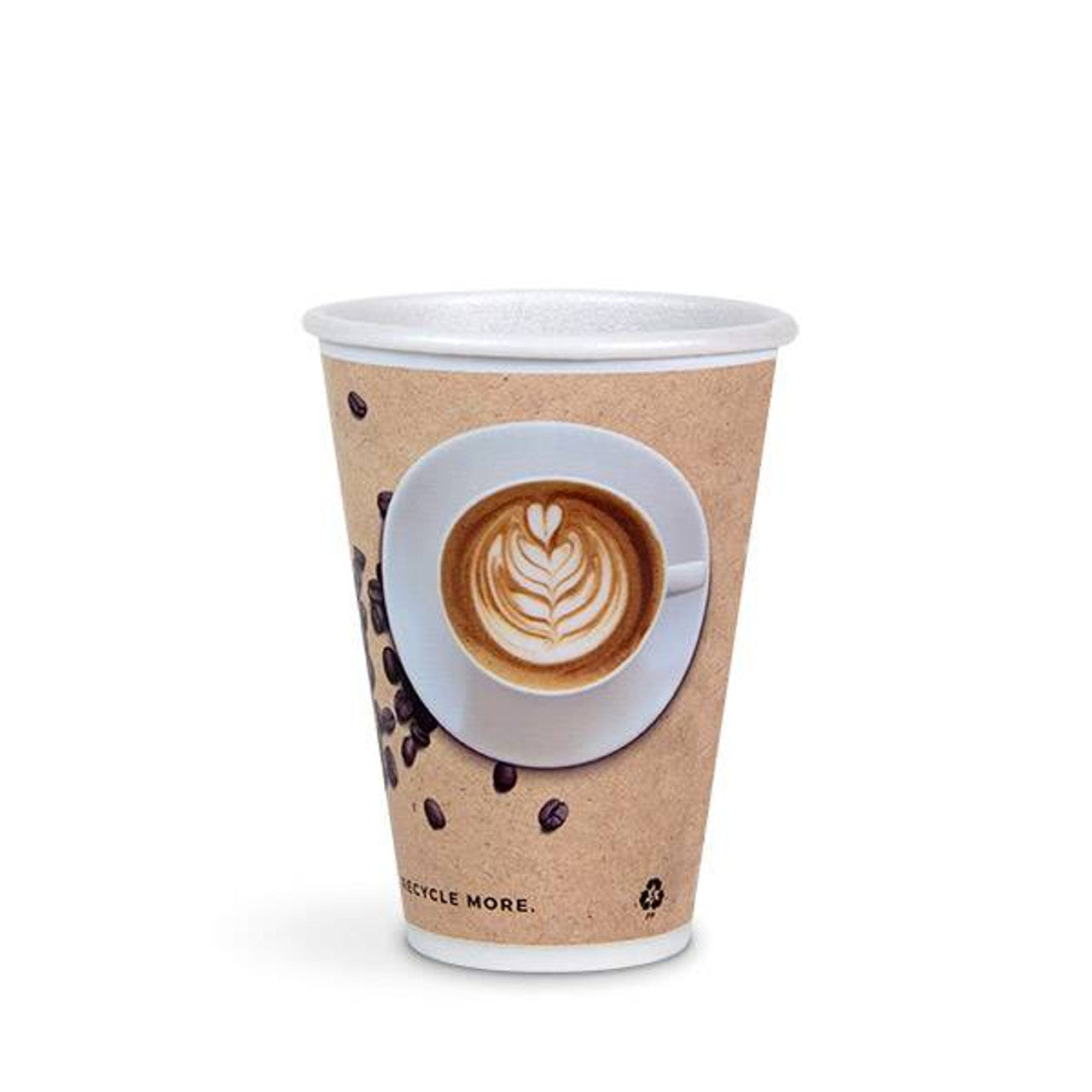 The Versalite Polypropylene (PP) Cafe Collection Cups for Hot/Cold Drinks feature a printed latte art and coffee beans design on a brown background. Available in cases of 640-900 disposable cups.