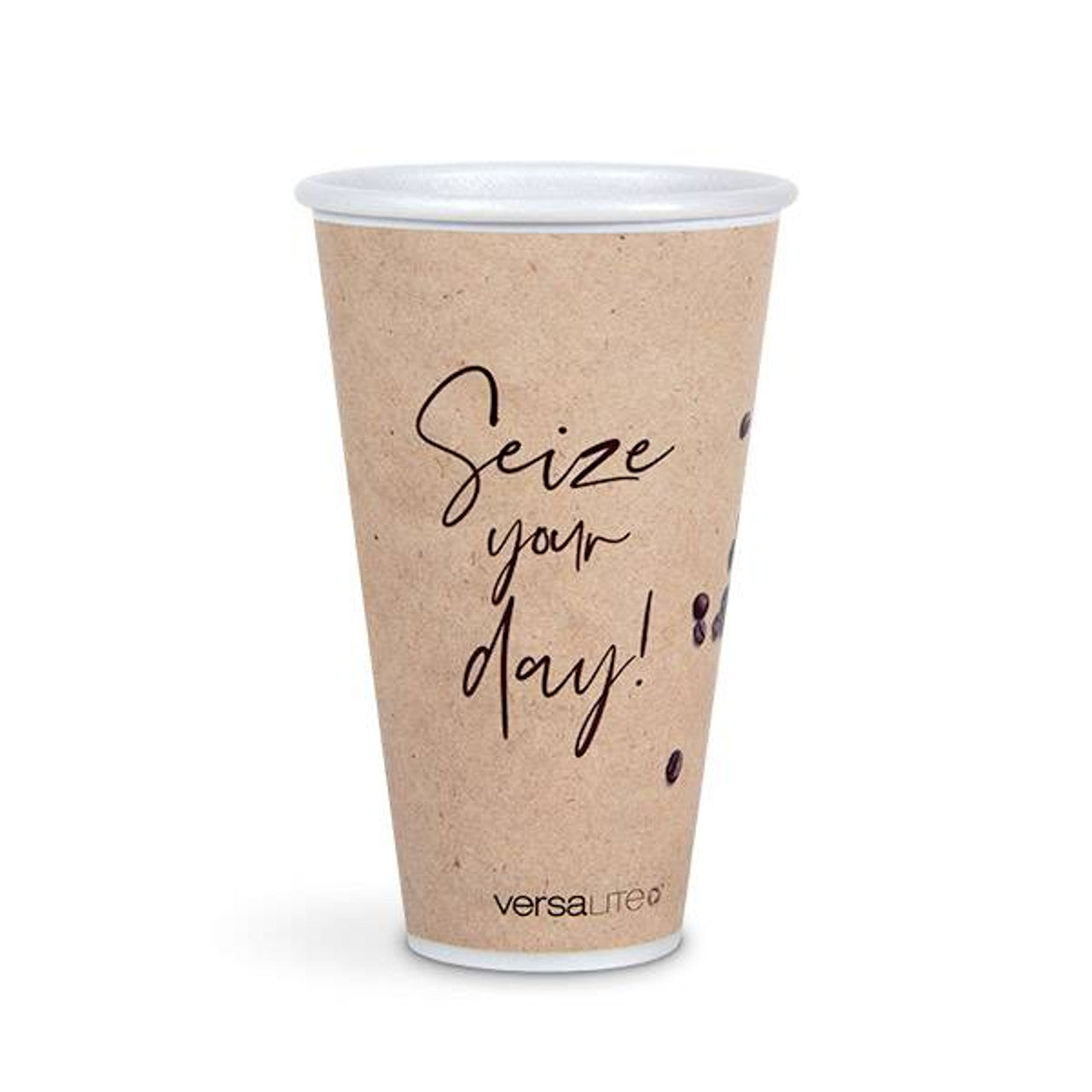 A tall Versalite Polypropylene (PP) Cafe Collection cup for hot or cold drinks, featuring "Seize your day!" handwritten on the front, coffee bean illustrations, and the brand at the bottom. Available by the case (640-900 cups).