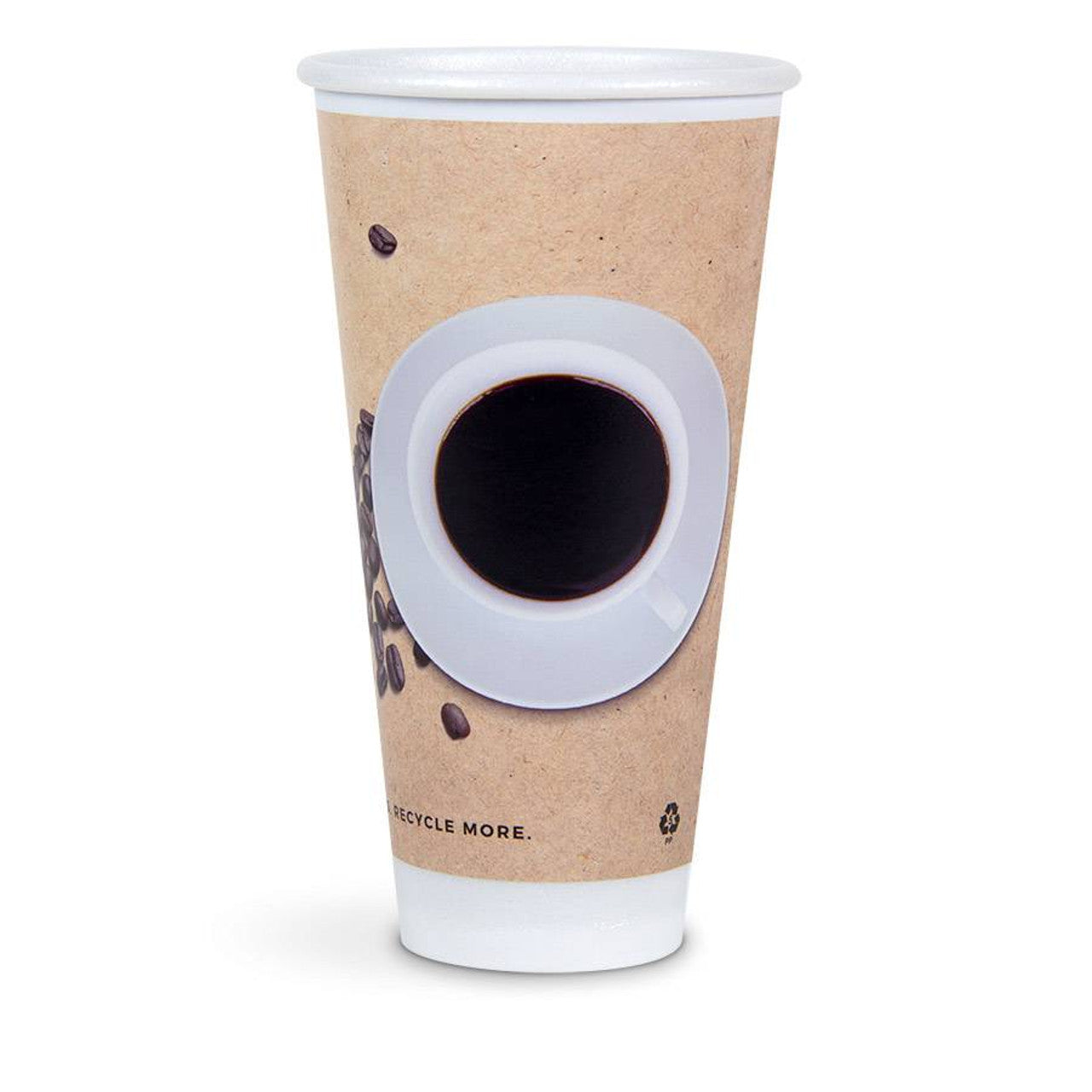 The Versalite Polypropylene (PP) Cafe Collection Cup features a top-down coffee cup design with black coffee, surrounded by coffee beans on a brown recycled paper background. Available for hot or cold drinks in cases of 640-900.