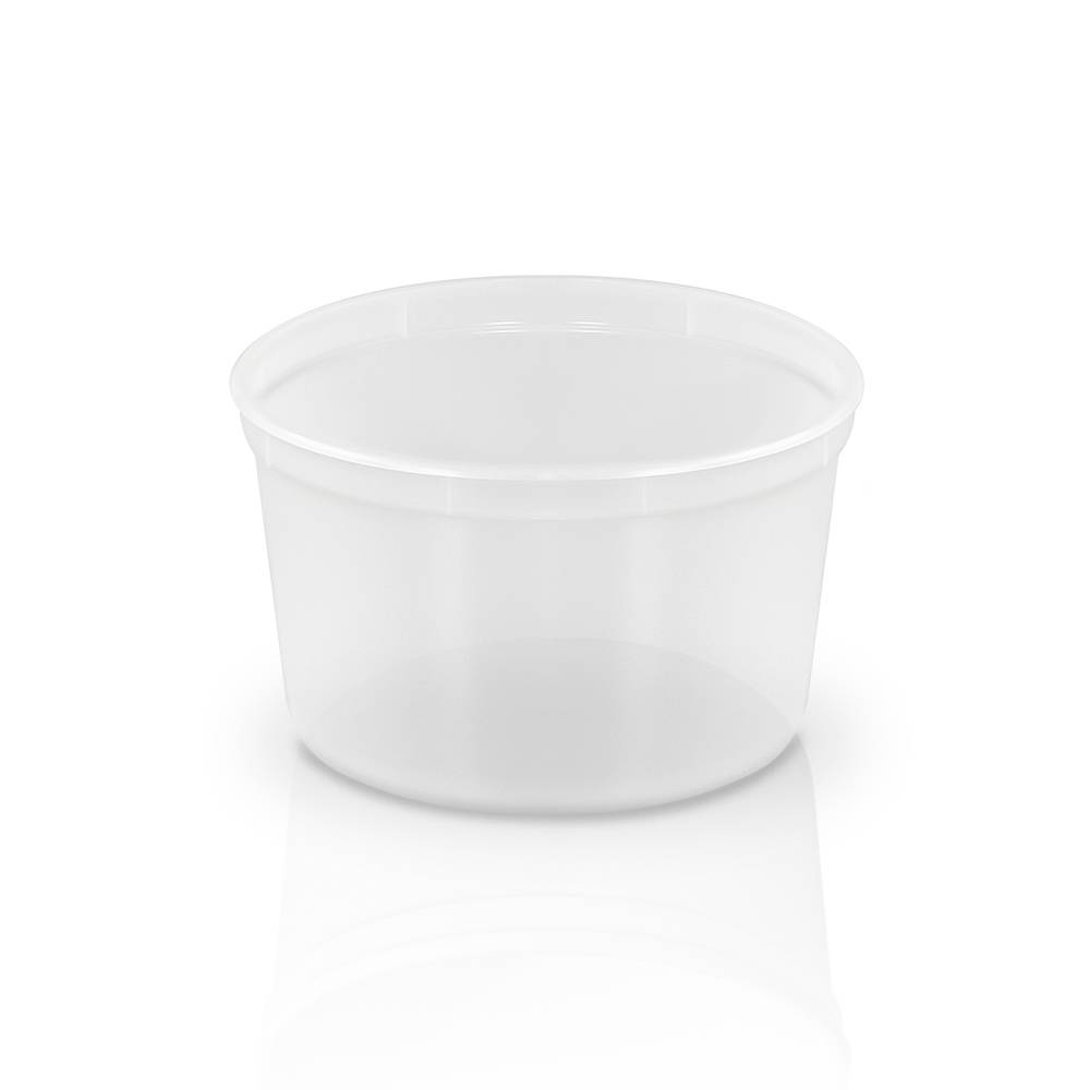 The 20 oz. BPA-Free Food-Grade Container (T01F) is a clear, round plastic container with smooth sides, shown empty on a white background with a slight reflection below it. Available in cases of 500.