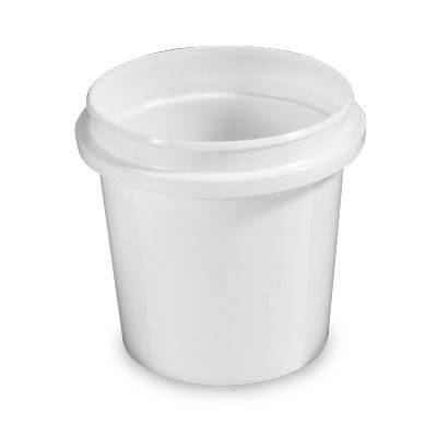 An empty 8 oz. BPA-Free Food-Grade Pry-Off Container (T30308PR), cylindrical with a rolled rim, no lid, and made of white plastic is shown on a white background. Sold in cases of 500.