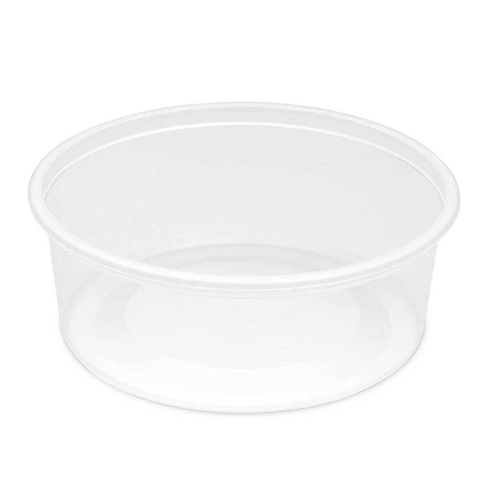 An 8 oz. BPA-free food-grade container (T40908CP) with a wide opening and no lid, round and clear, is shown on a white background. Sold as a case of 1500.
