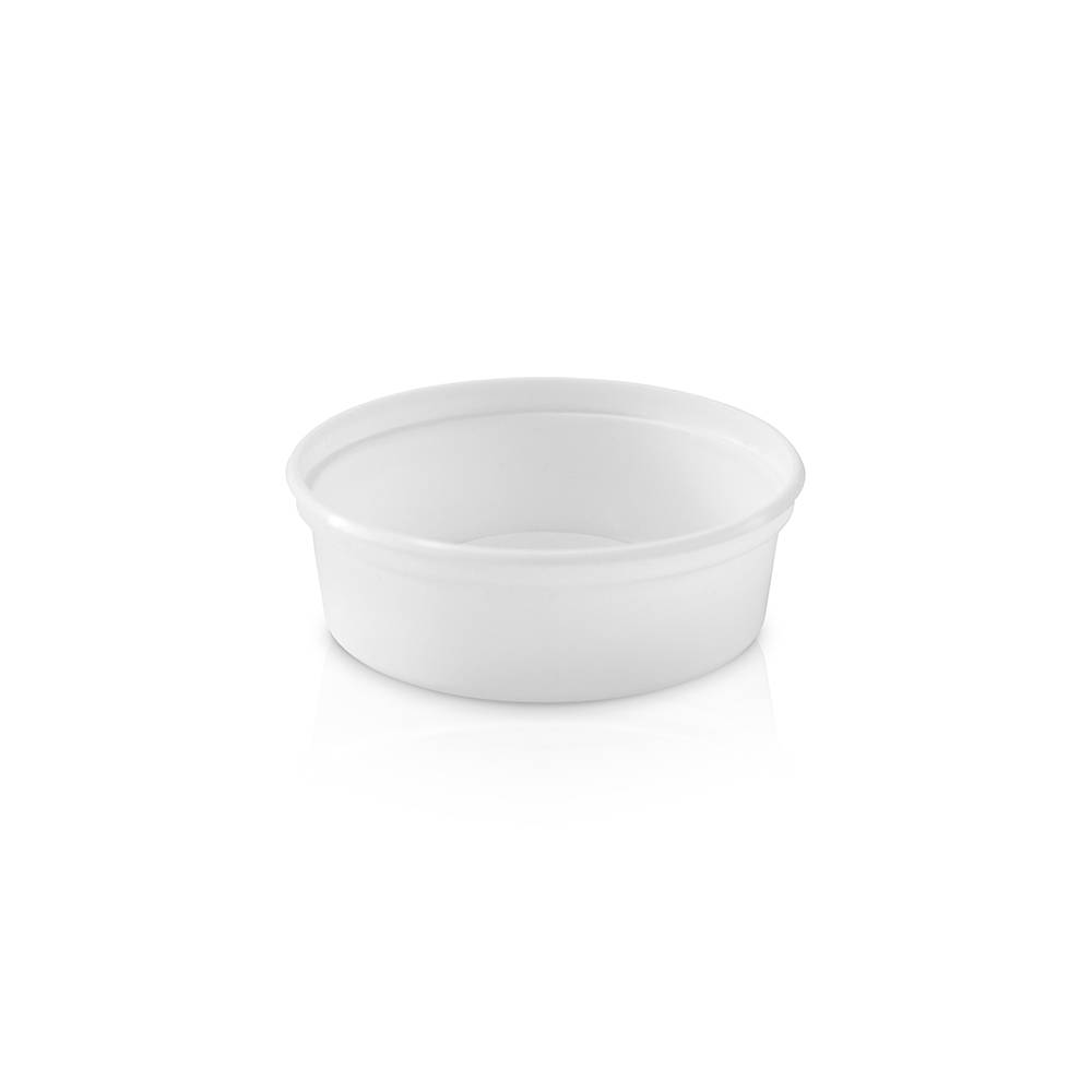 A plain, round, white 7 oz. BPA-Free Food-Grade Container (T41007CP) with smooth sides, shown against a white background. Comes in a case of 1000.