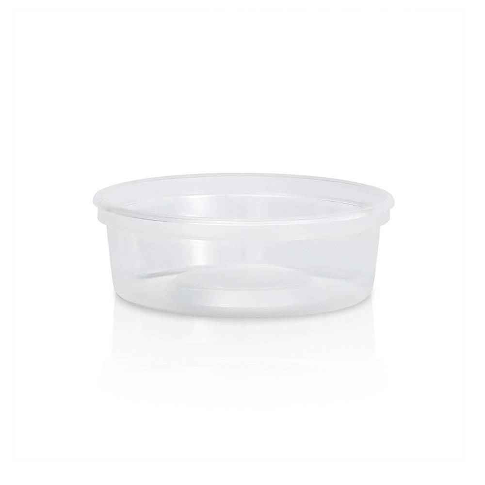 An 8 oz. BPA-Free Food-Grade Container (T41008CP), round and clear with no lid, is shown against a plain white background. Sold in a case of 1000.