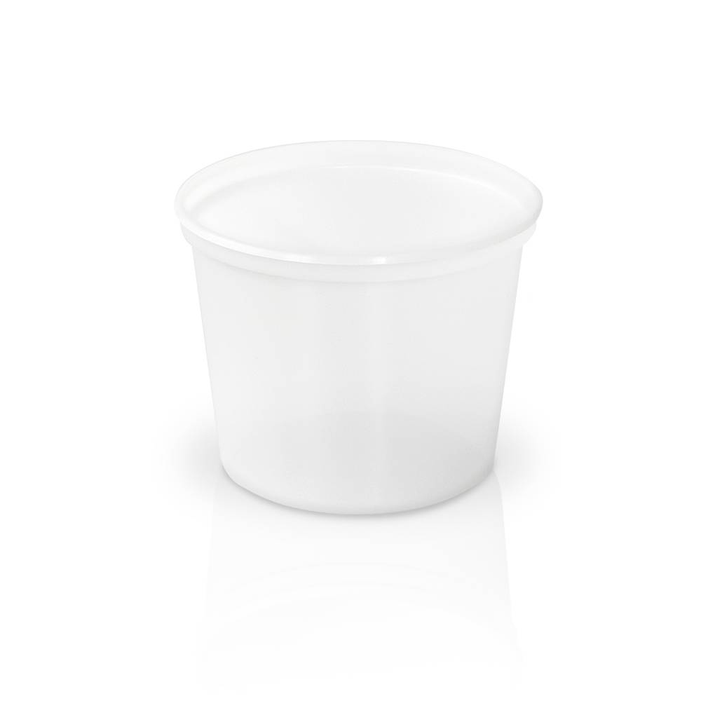 A 20 oz. BPA-Free food-grade container (T41020CP), empty and translucent with a smooth rim, is shown on a white background. Packaged in cases of 500.