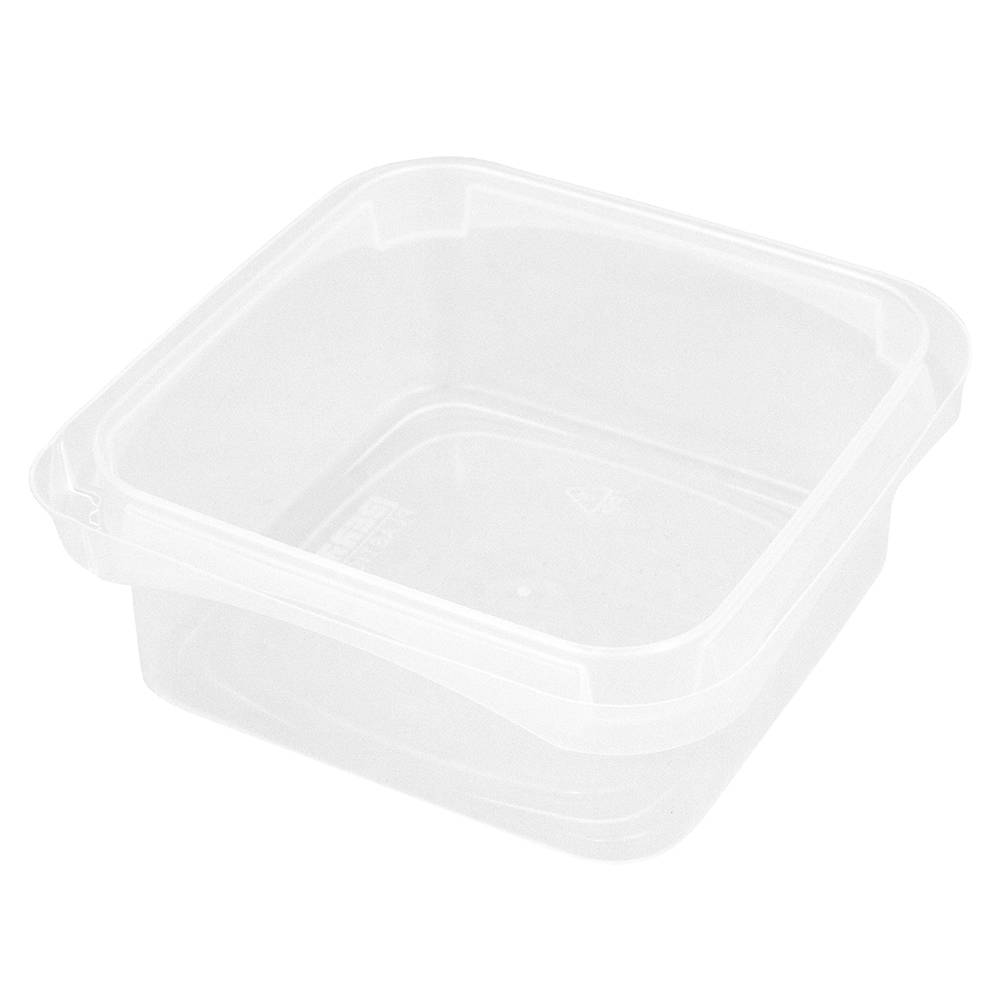 An 8 oz. BPA-free, food-grade SelecTE tamper-evident square container (T4X408IMLCP) with rounded corners and a raised rim is shown empty from a slight overhead angle. Sold in cases of 780.