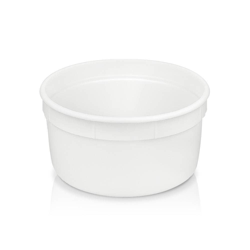 A 1/4 gallon (32 oz.) BPA-free, food-grade, freezer-safe round plastic container (T51332) with a smooth, plain white finish and no lid, shown against a white background. Sold in cases of 300.
