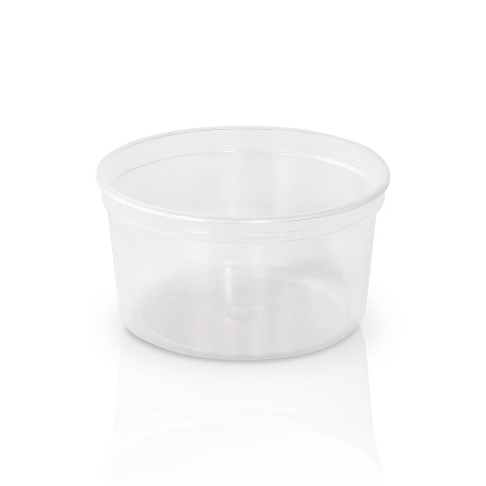 A 1/4 Gallon (32 oz.) BPA-Free Food-Grade Container (T51332CPCA) with a matching lid, shown empty against a white background. Case of 300. The round, clear plastic container features smooth sides and a flat base.