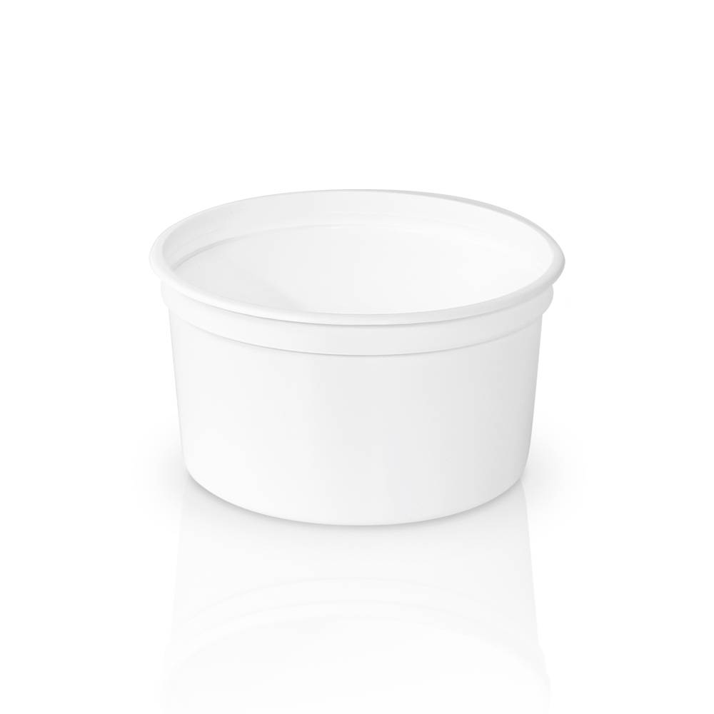 A plain, round, white 1/4 gallon (32 oz.) BPA-free food-grade container (T51332CPCA), lid not included, is shown on a white background with a slight reflection; sold in cases of 300.