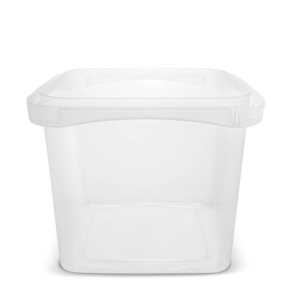 A 48 oz. food-grade SelecTE tamper-evident square clear container (T5X548IMLCP) with matching lid, shown on a white background; sold as a case of 324.