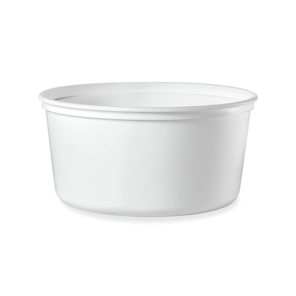 A plain, white, round 1/4 gallon (32 oz.) BPA-free food-grade plastic container (T60232CA) with a smooth surface and no lid, freezer-safe and shown against a white background. Case of 360.