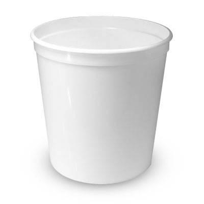 An 80 oz. food-grade round plastic squat container (T60380FL) with a smooth, handle-free design, shown against a white background; available in a case of 250.