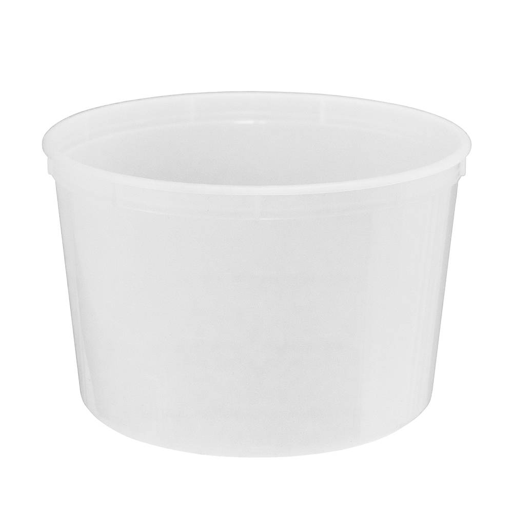 A 1/2 Gallon (64 oz.) BPA-Free food-grade plastic container (T61064CP), round and translucent without a lid, is shown at a slight angle against a white background. Case of 240.