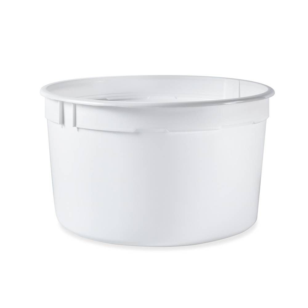 A plain, round, white 1 Gallon BPA-Free Food-Grade Freezer-Safe Container (T808128), made of smooth plastic with no markings or labels, photographed against a white background; sold as a case of 120.