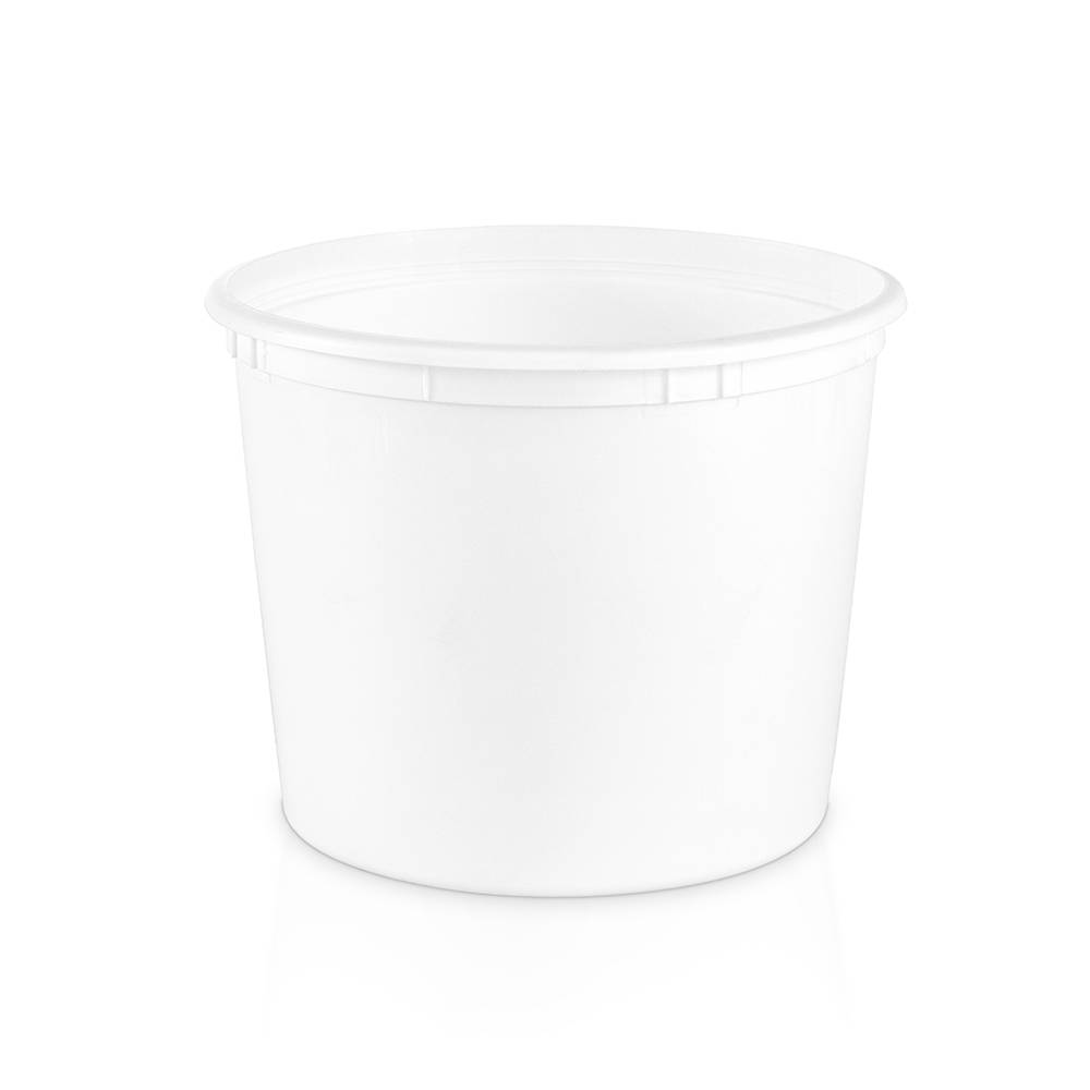 A 1.3 gallon (166 oz.) BPA-free, food-grade, round white plastic container (T811166), lidless and empty, displayed against a white background. Case of 120.