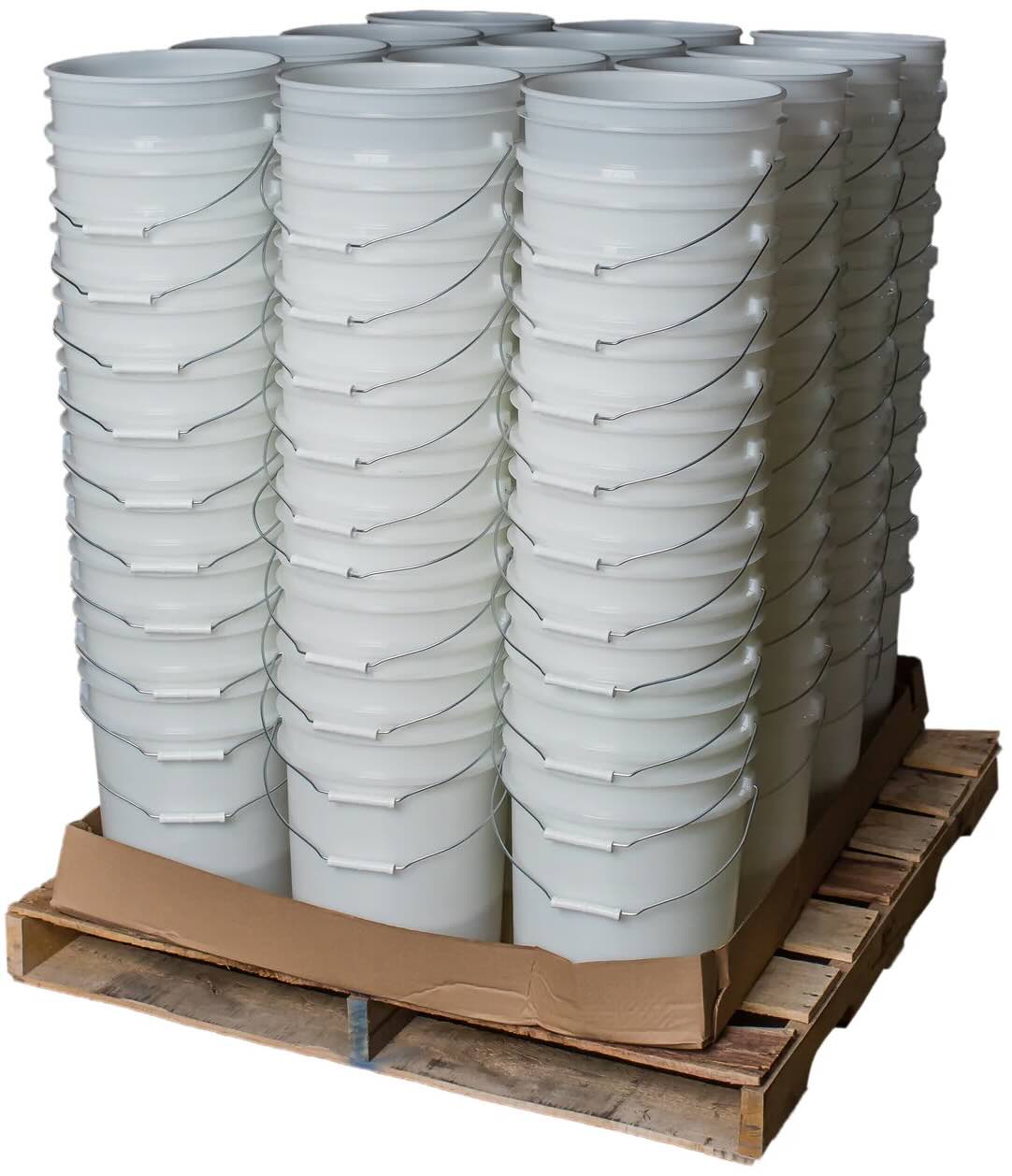 A pallet of 120 neatly arranged 5 Gallon 90 Mil BPA-Free Food-Grade Buckets (T40MW), each white with a metal handle, stacked and ready for storage or transport.