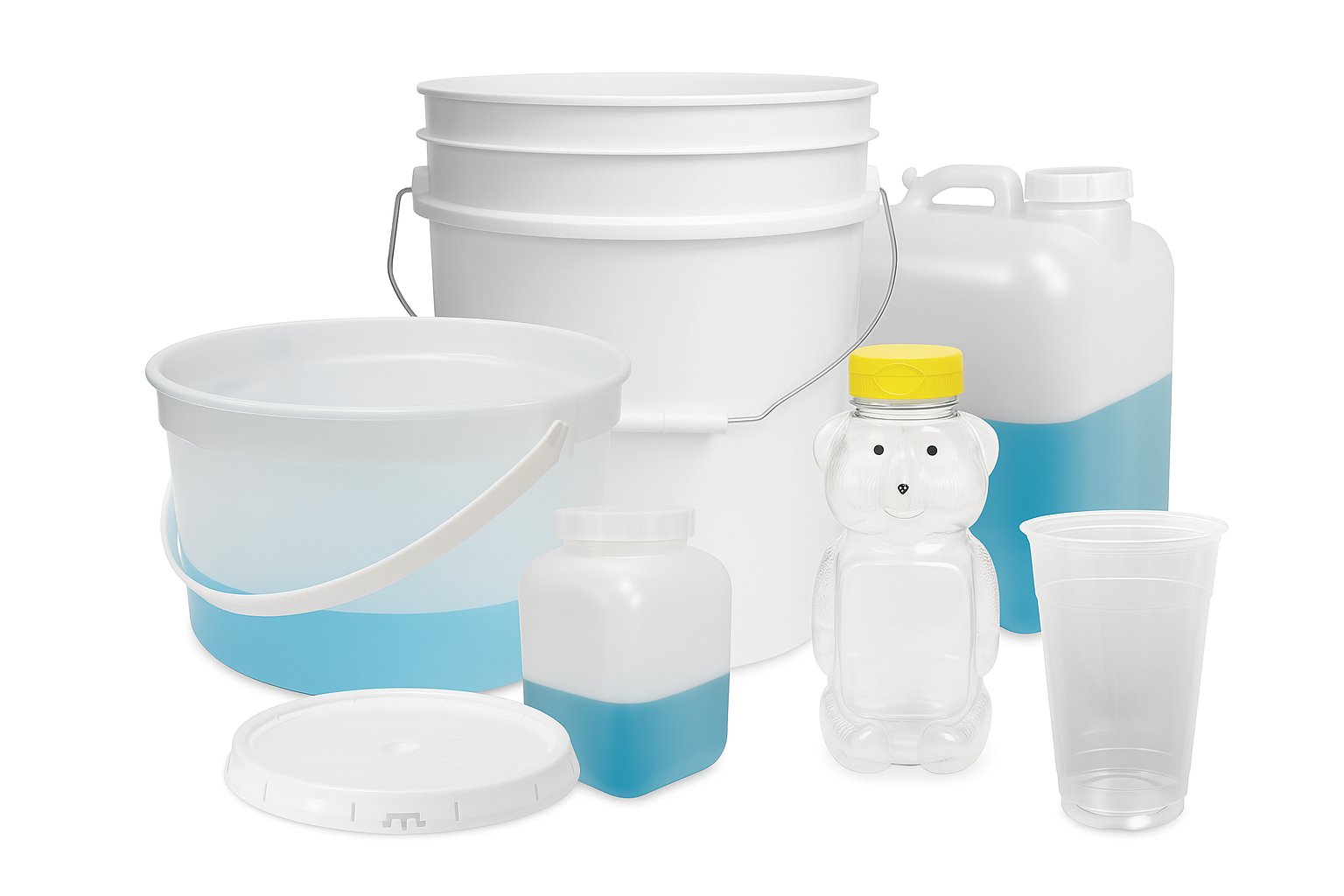 Various plastic containers, including buckets, bottles, a bear-shaped bottle, a cup, and a jug, filled partway with blue liquid, arranged on a white background.