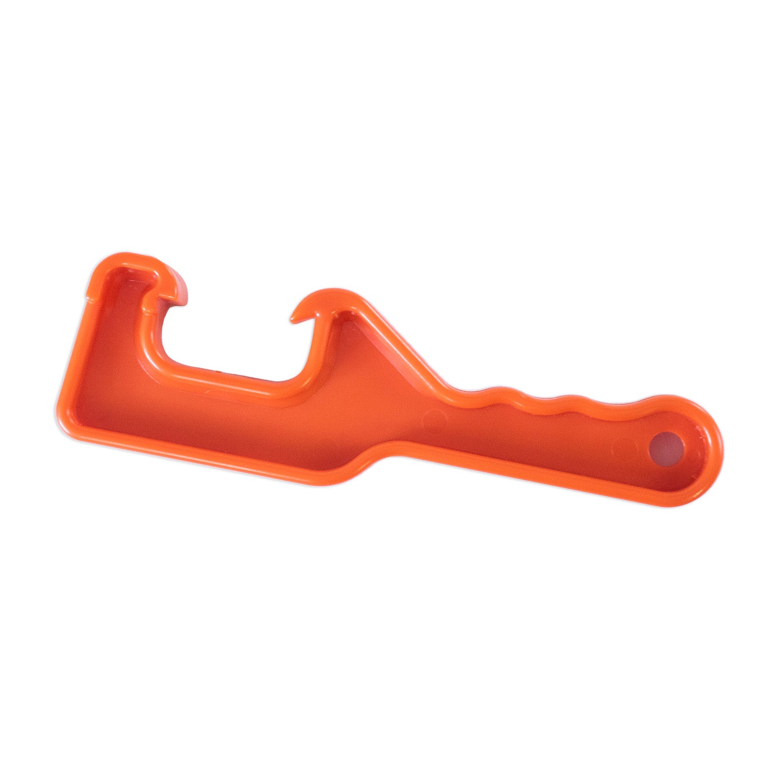 A bright orange plastic tool with a handle and two hooked ends, designed for safely opening safety seals or packaging.