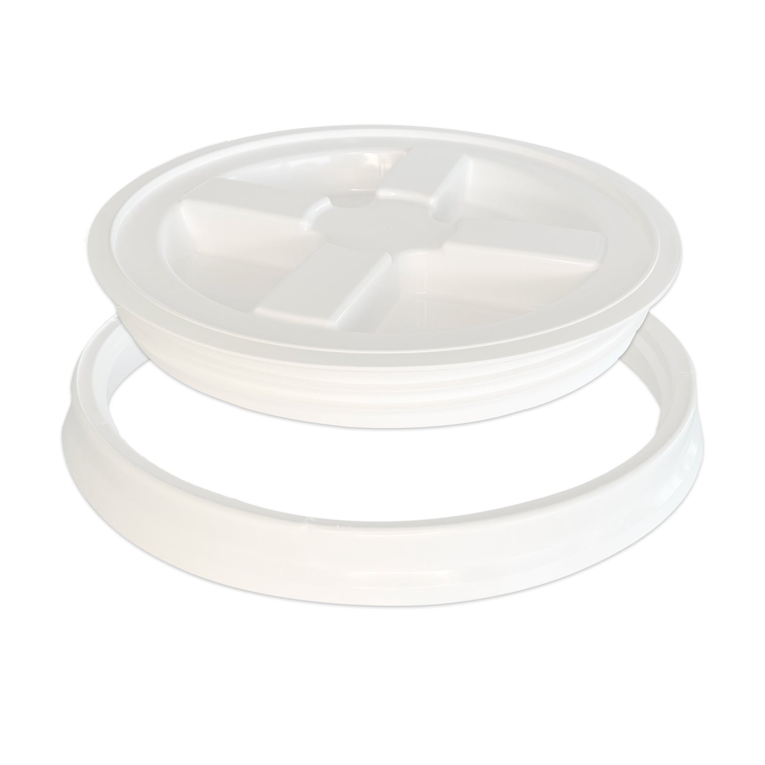 White plastic lid with a cross-shaped compartment separator and a separate white plastic ring, both designed to fit together, likely for sealing a container.