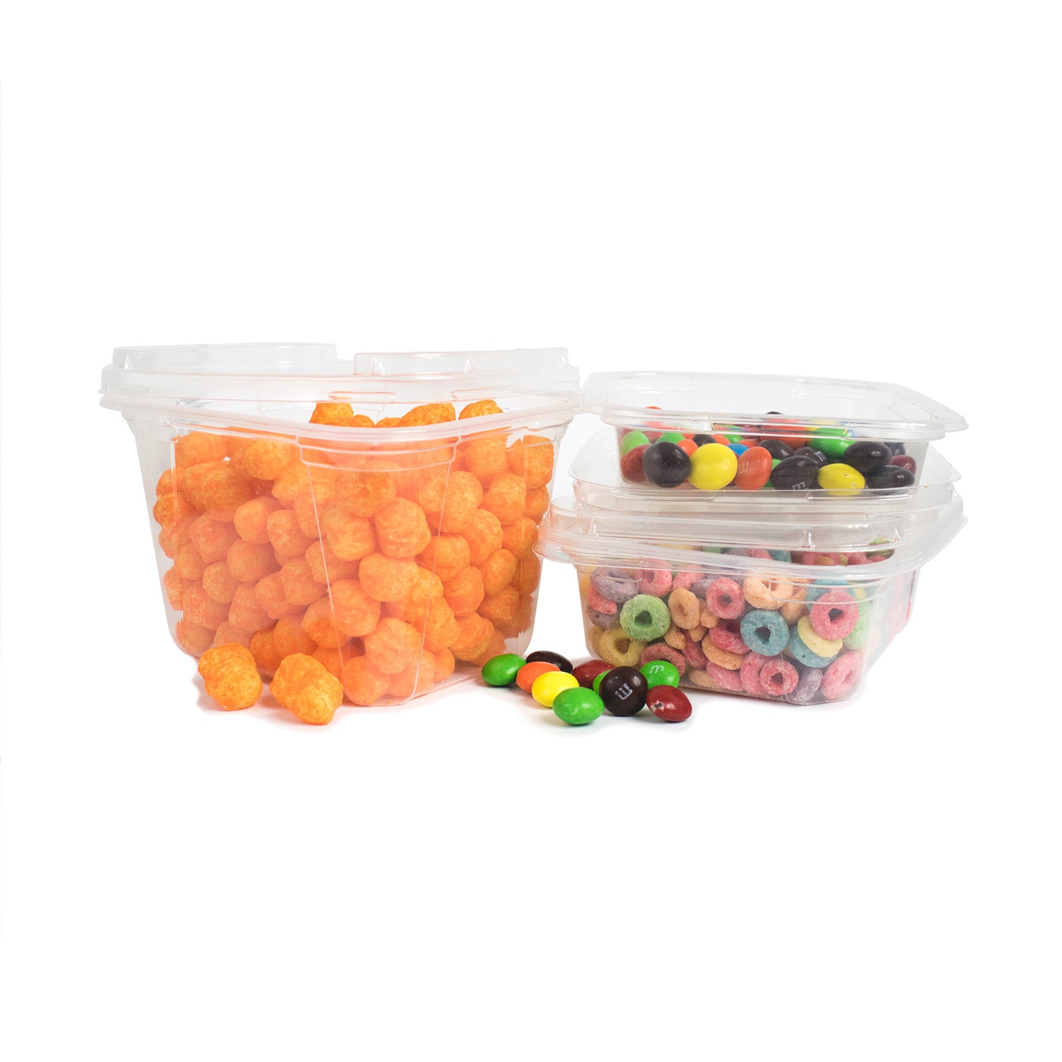 Three clear plastic containers with lids, filled with cheese balls, colorful candy-coated chocolates, and fruit-flavored cereal loops, are arranged on a white background. Some candies are scattered outside the containers.